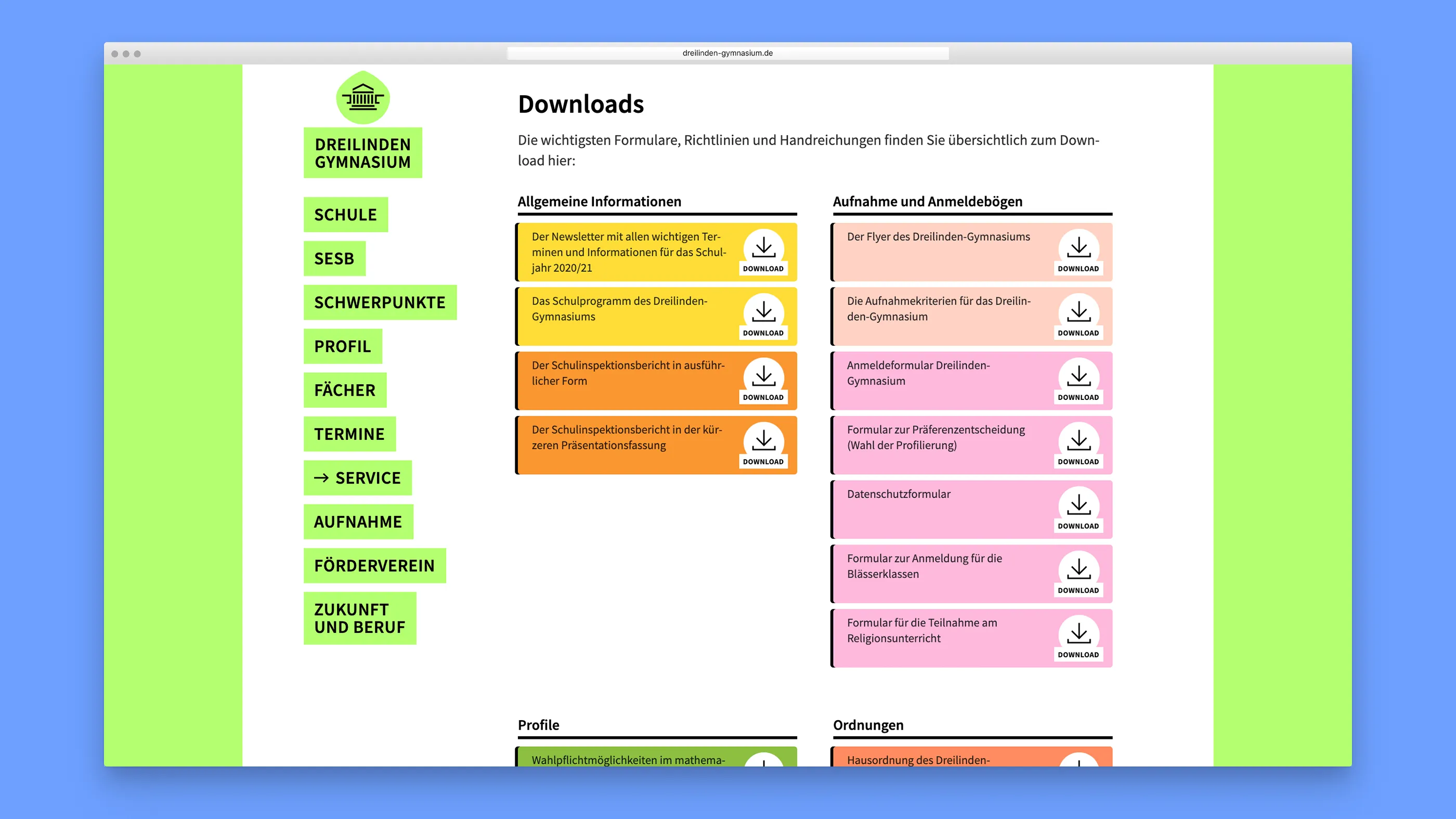 Unterschiedlich farbige Download-Felder erleichtern die Orientierung