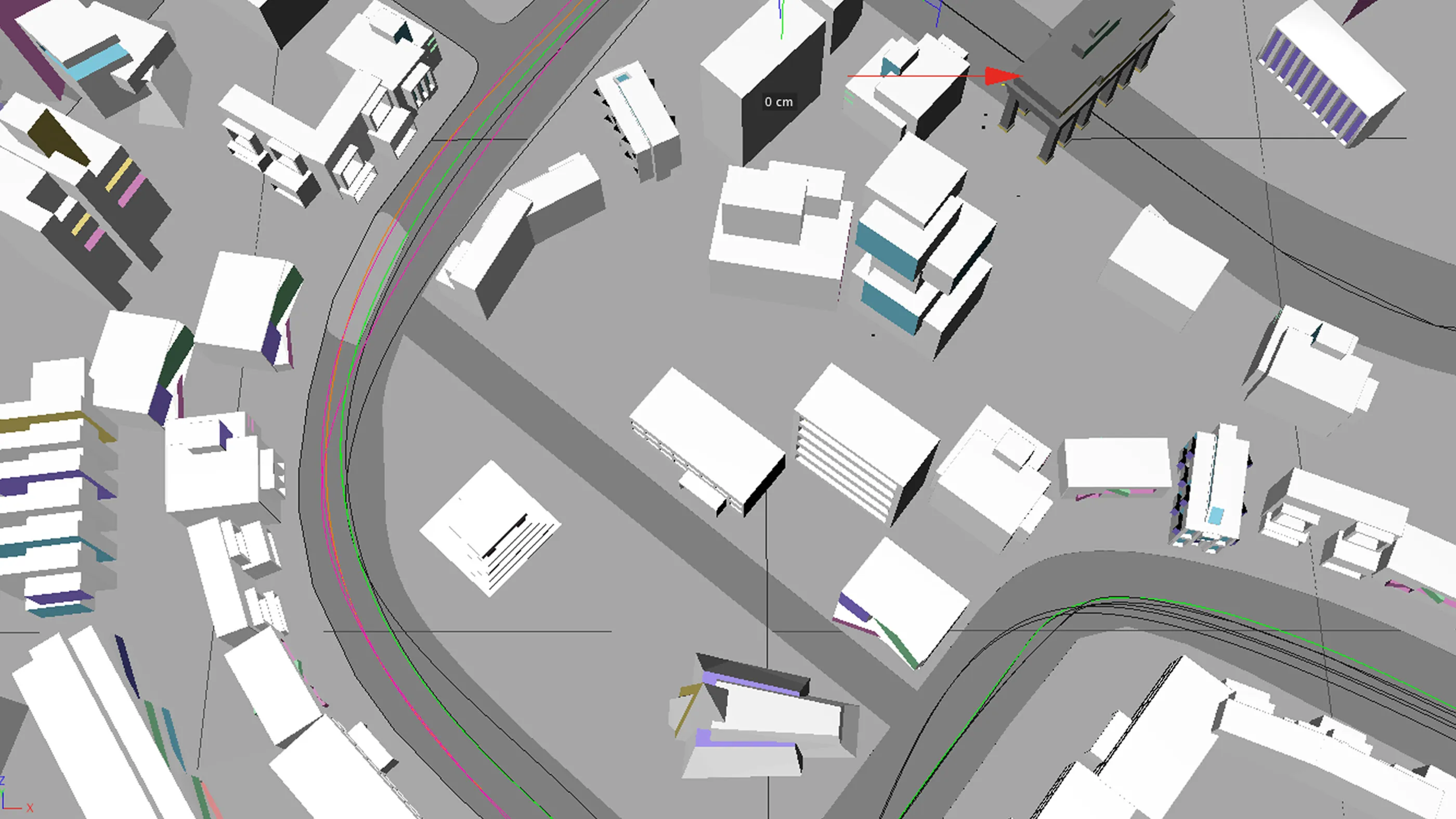 Stilisierte 3D Szene, Blick von oben auf eine Straße