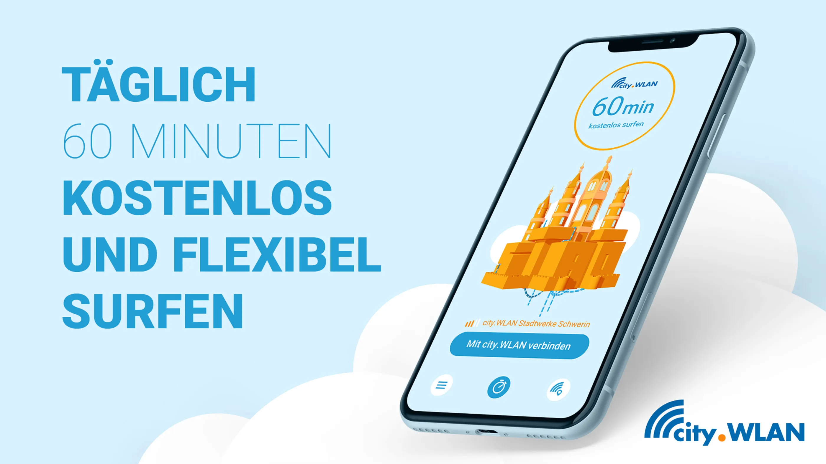 Darstellung der cityWLAN App auf einem Smartphone