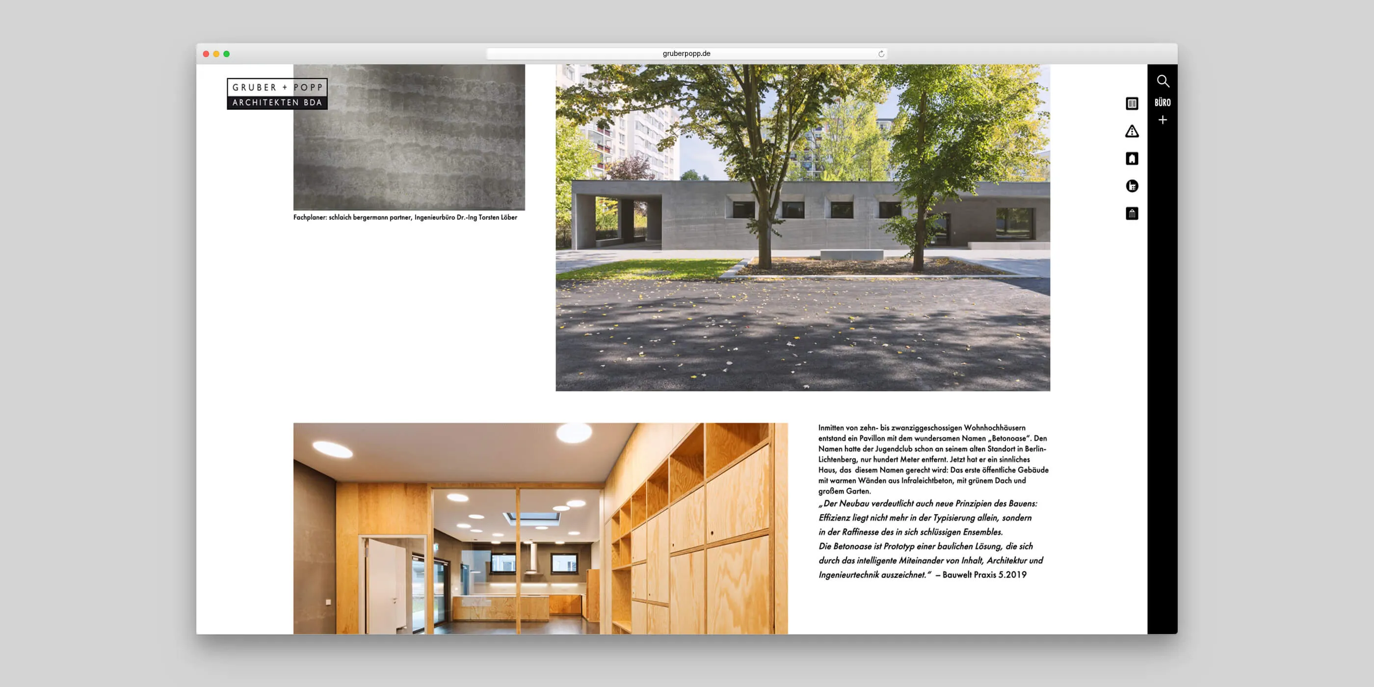 Side view of an elongated concrete building and interior made of wood