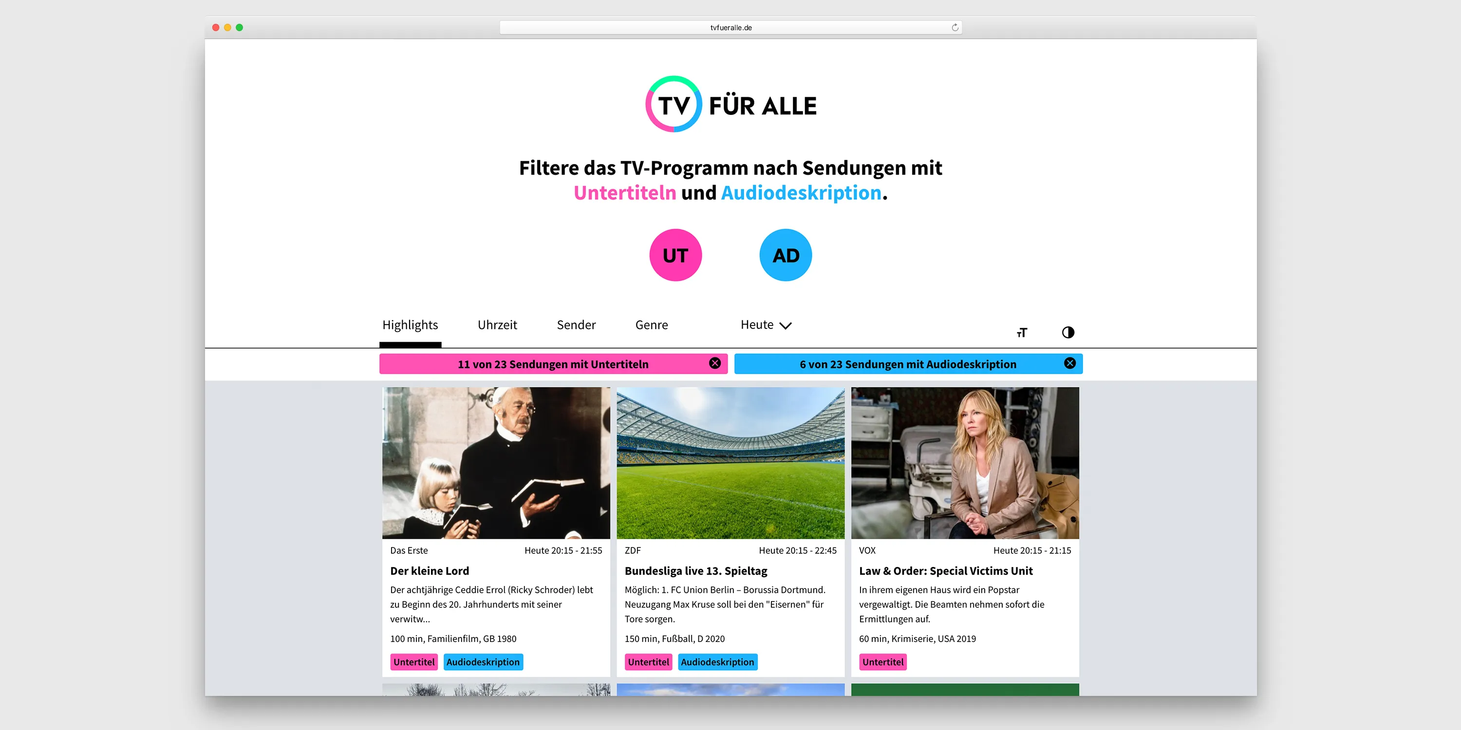 Startseite von TV für Alle mit der Programmübersicht