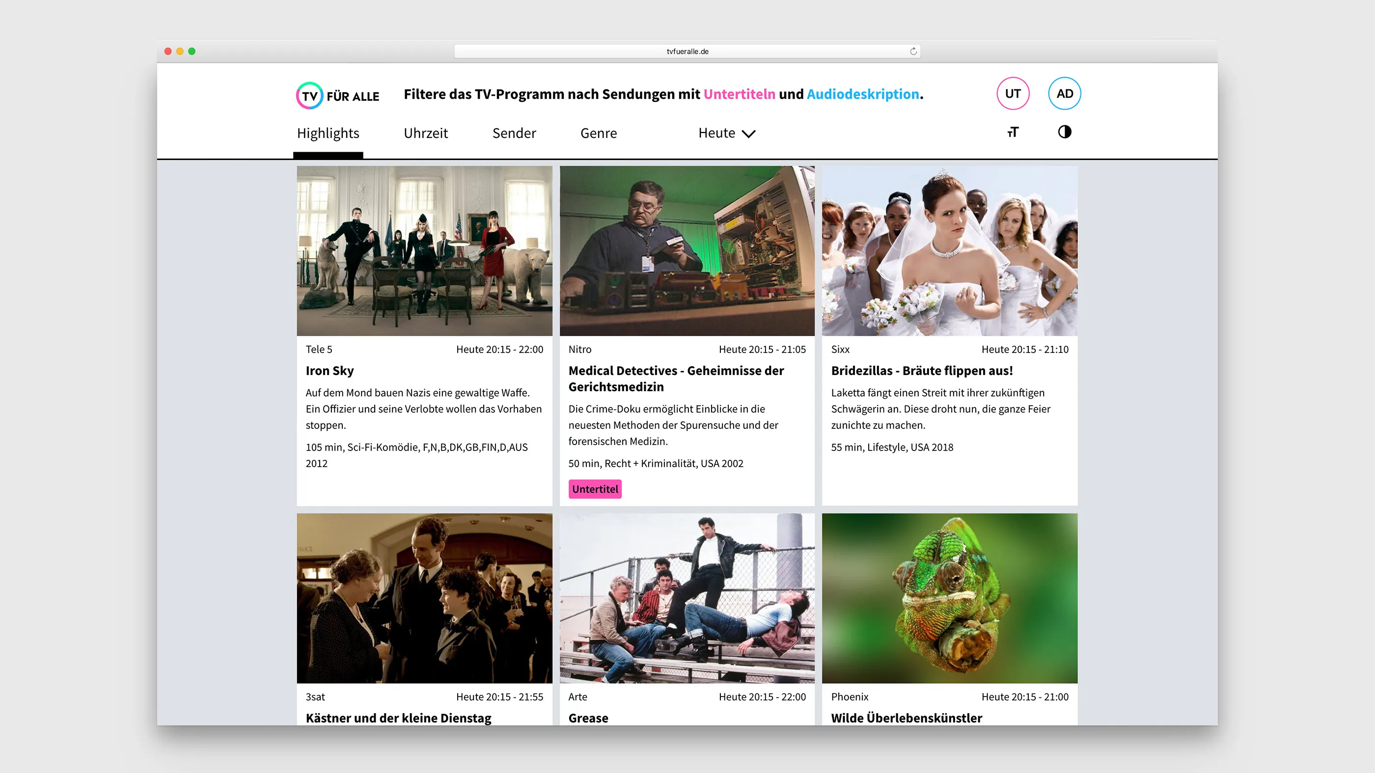 Startseite von TV für Alle mit der Programmübersicht