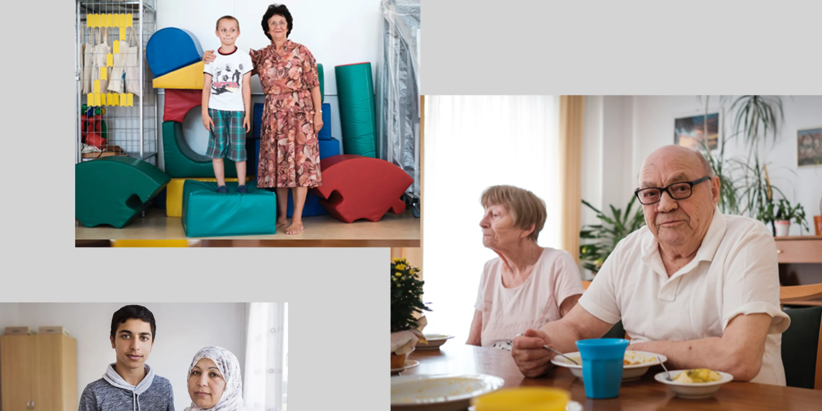 Drei Fotos mit jeweils zwei Personen in unterschiedlichen Lebenssituationen