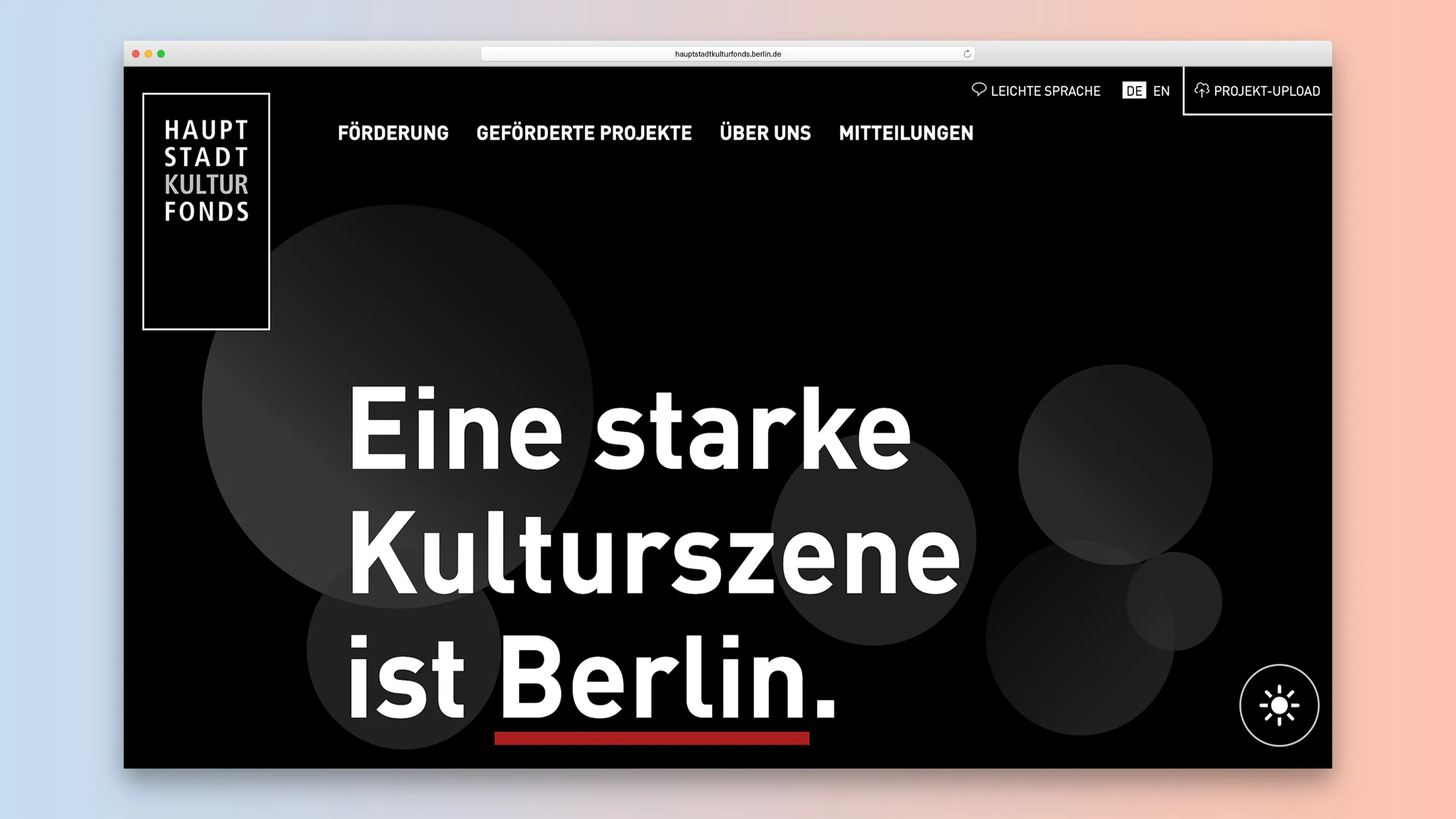 Homepage of the Hauptstadtkulturfonds in Dark Mode