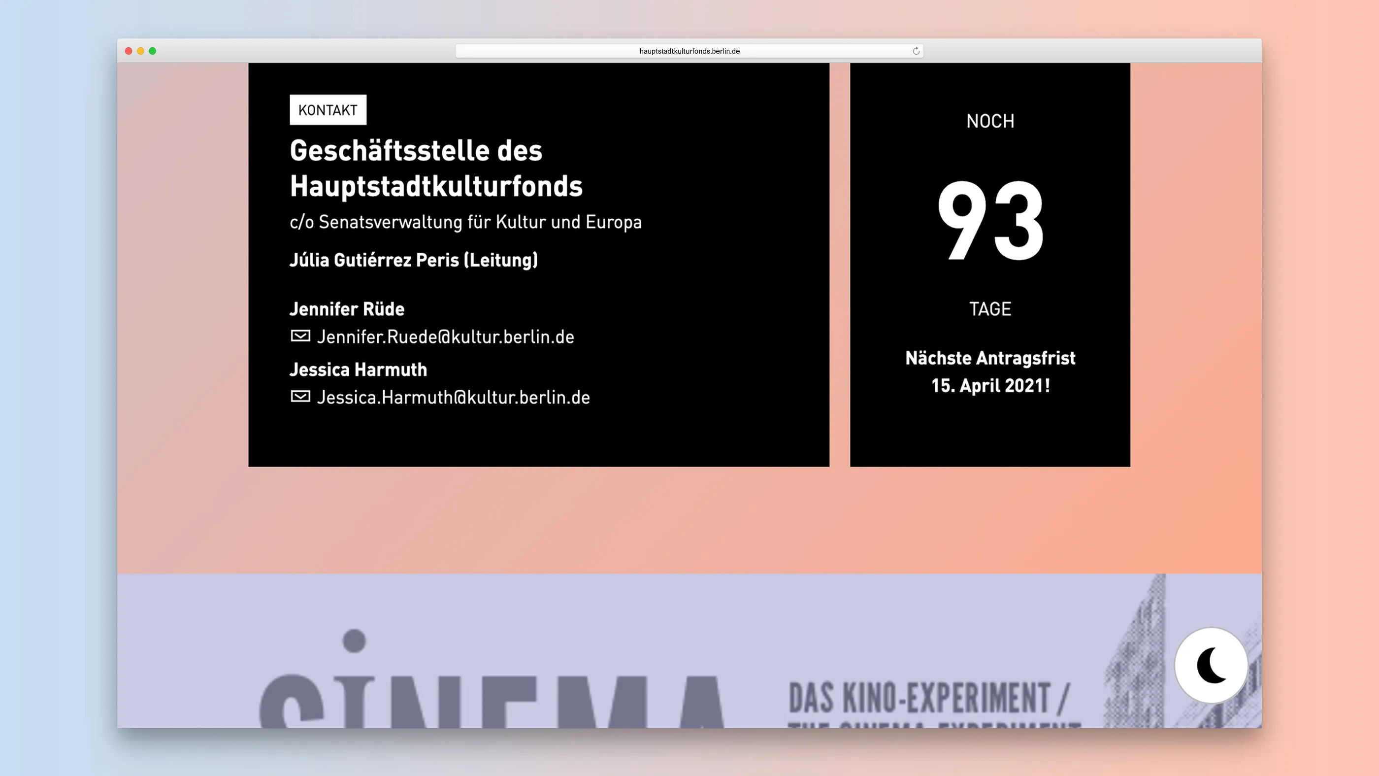 Information page of the Hauptstadtkulturfonds in Dark Mode