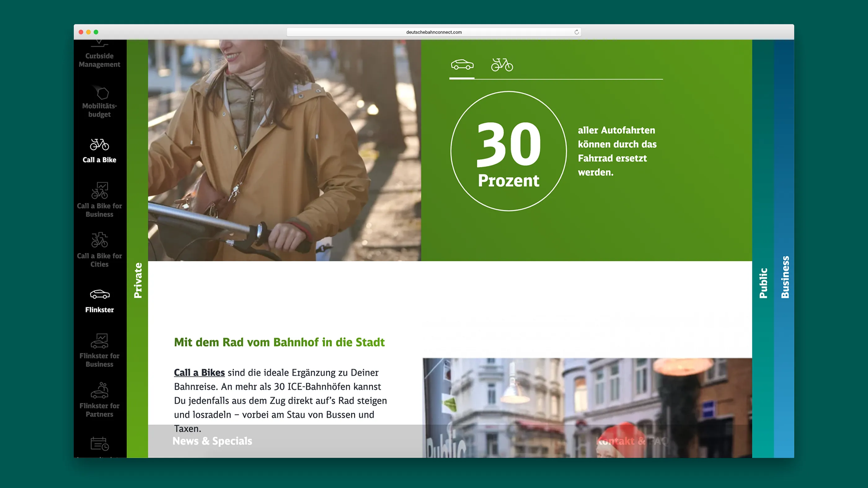 Frau, die ihr Fahrrad schiebt und Infografik zu Carsharing