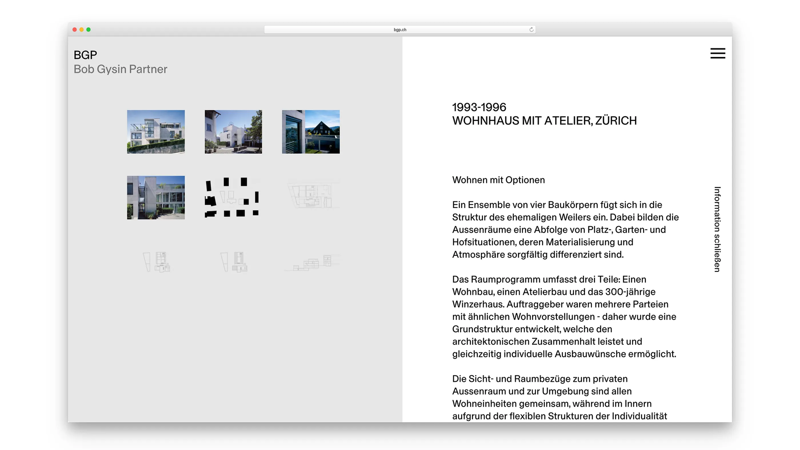 Overview page with smaller pictures and text about a residential house with studio in Zurich