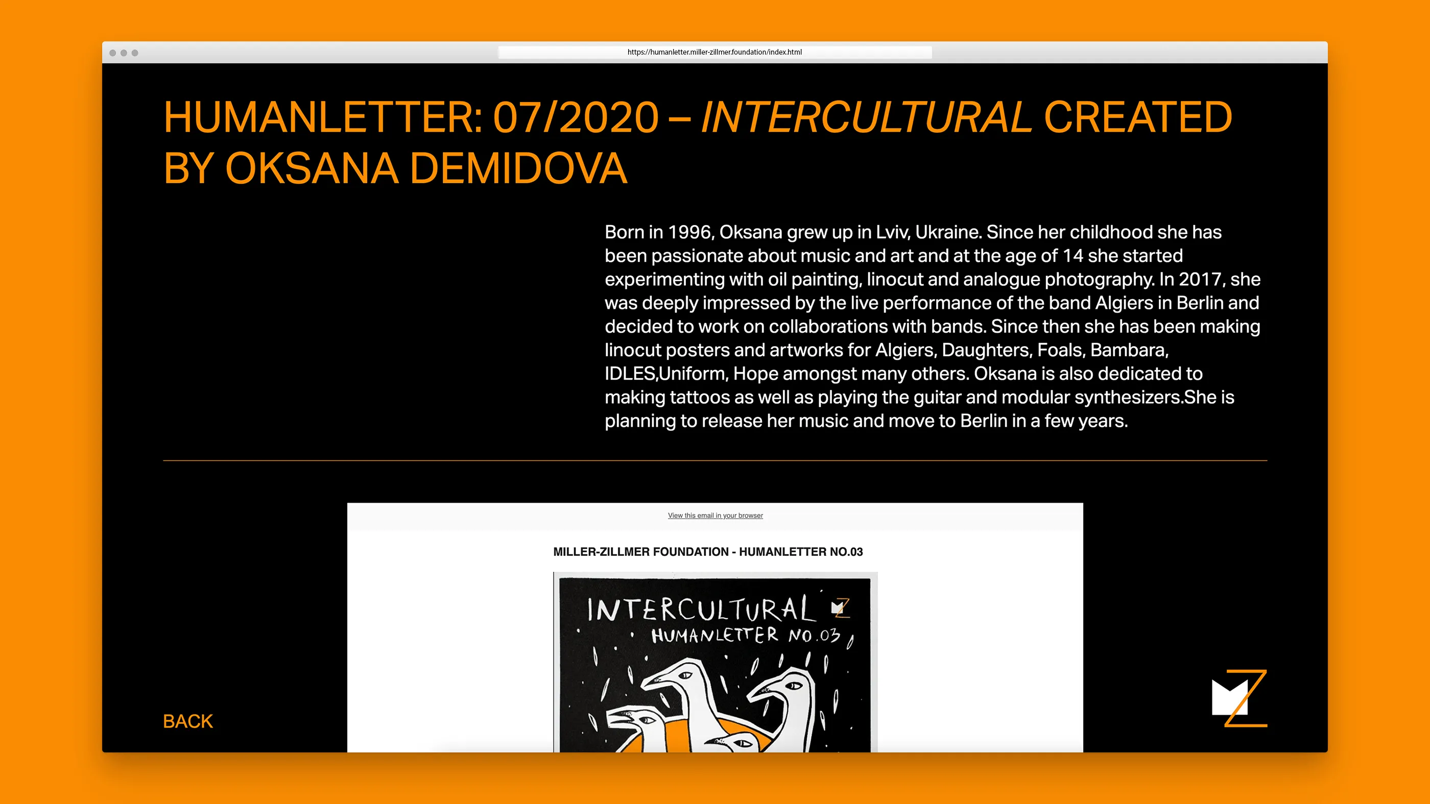 Screenshot Humanletter Microsite of the Miller-Zillmer Foundation