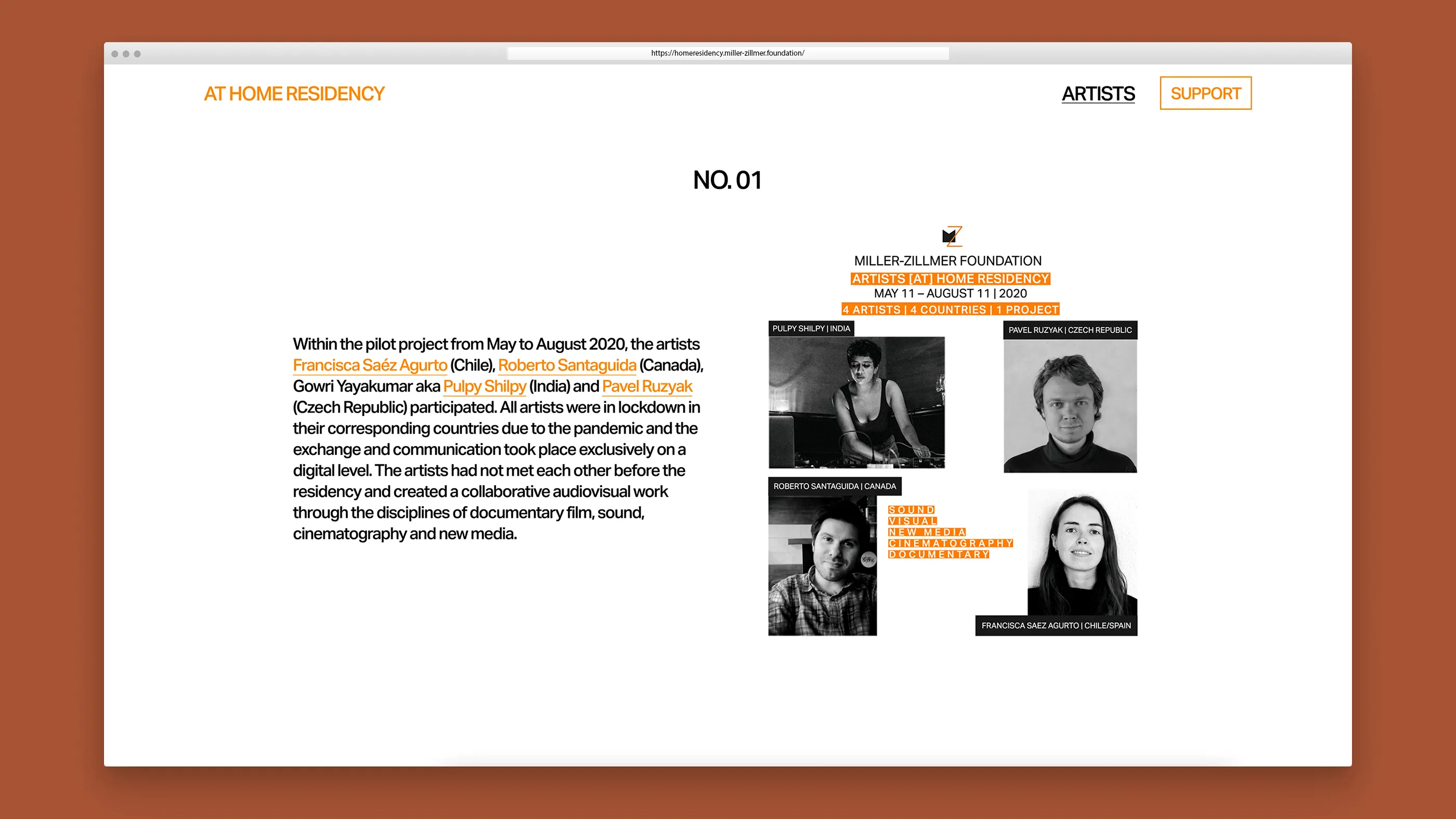 Screenshot At Home Residency Microsite of the Miller-Zillmer Foundation
