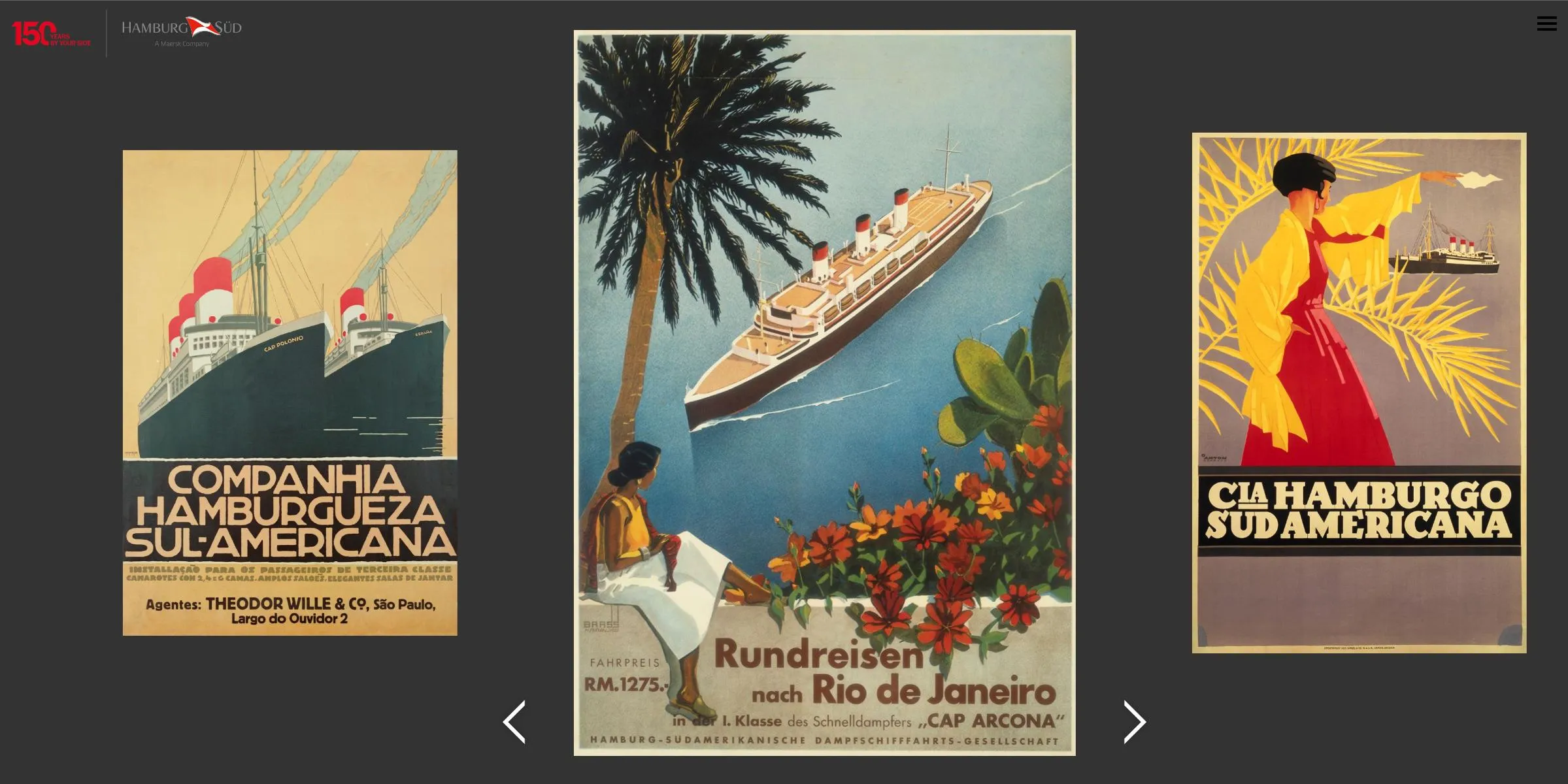 Screenshot Microsite 150 Jahre Hamburg Süd von Henkelhiedl – alte Werbeposter