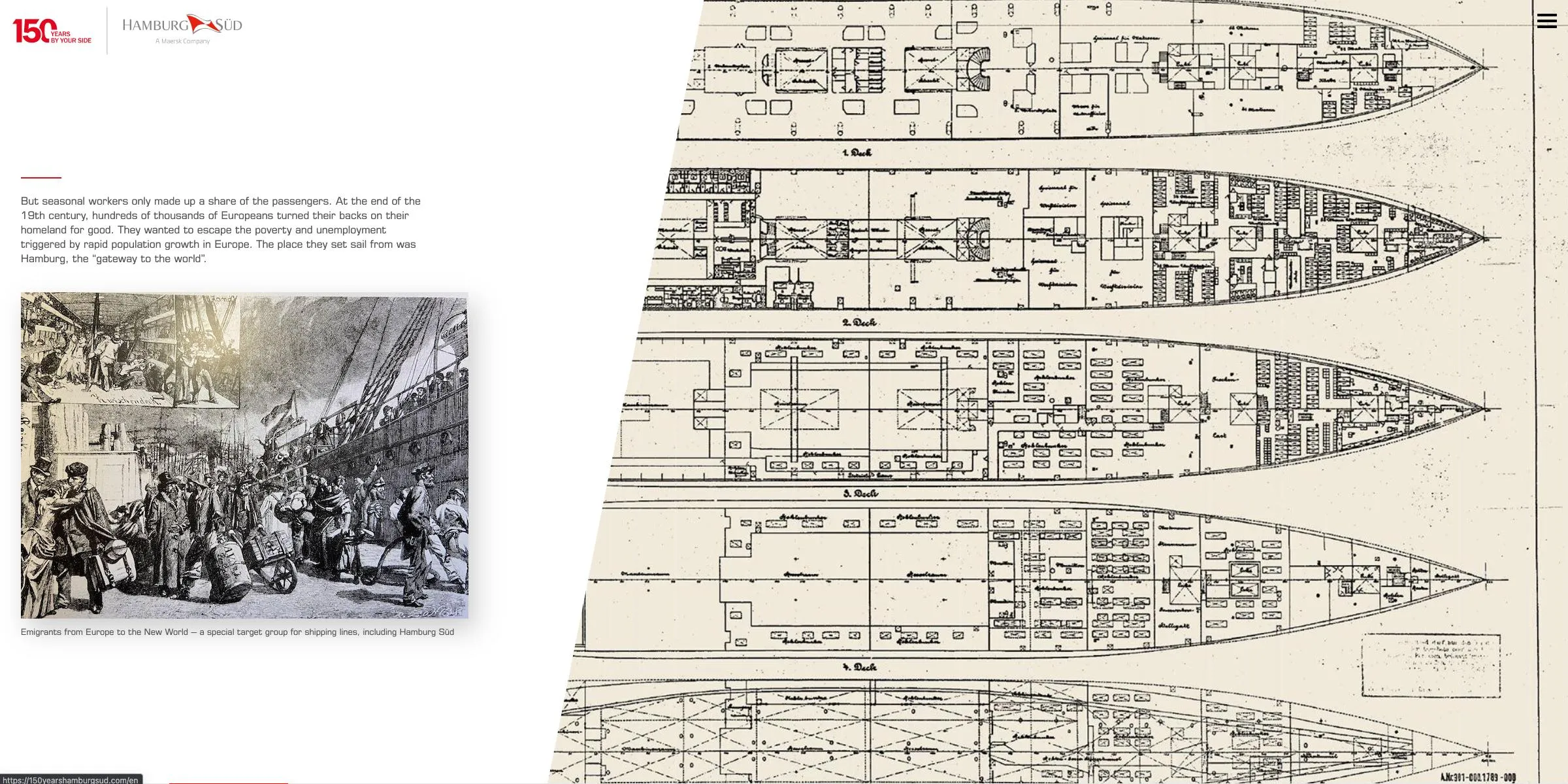 Screenshot Microsite 150 Jahre Hamburg Süd von Henkelhiedl – Bauplan eines Schiffes