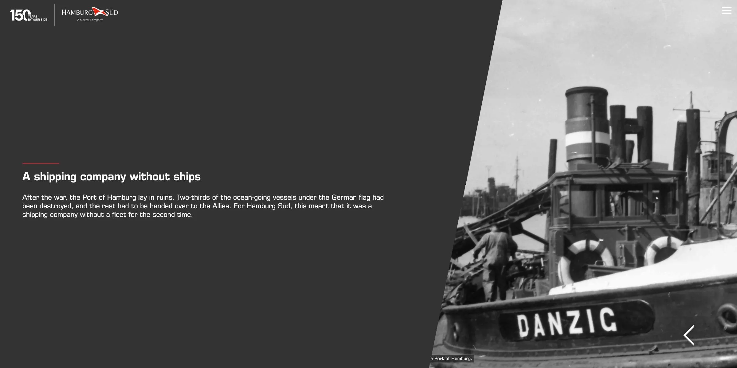 Screenshot Microsite 150 Jahre Hamburg Süd von Henkelhiedl – Kriegsbeschädigungen am Hamburger Hafen