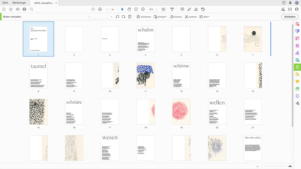 Screenshot des Programms InDesign, der eine Seitenübersicht im Gestaltungsprozess des Büchleins Die Mandarinenorakel zeigt – GE59 / HENKELHIEDL