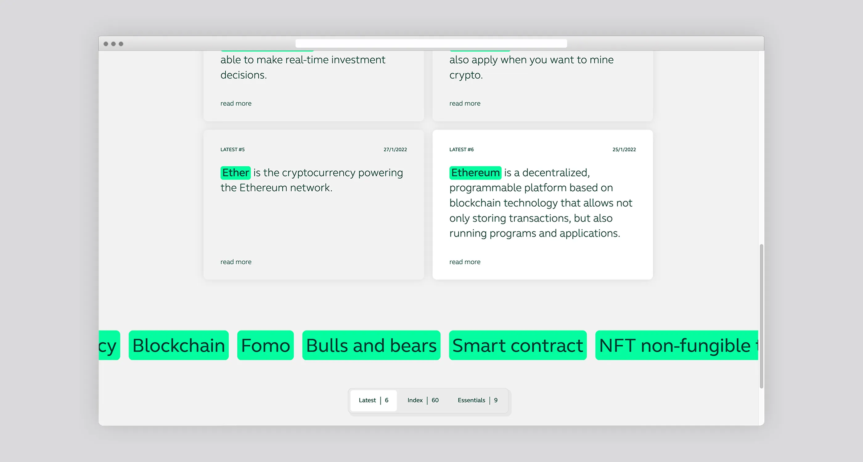 An overview of the latest articles on the website crypto-decrypted.net, designed by Henkelhiedl