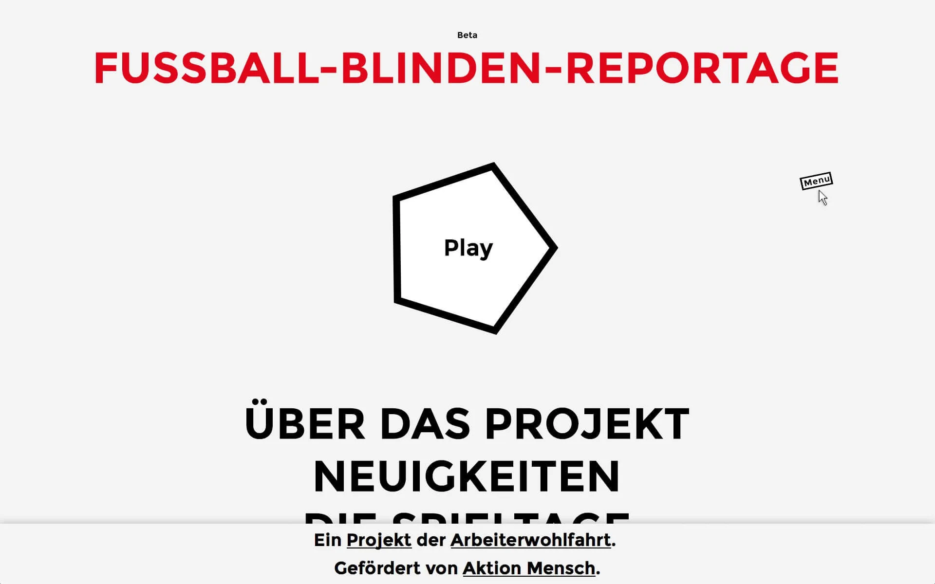 Screenshot of the homepage of Fußball-Blinden-Reportage. The page consists only of text and a few abstract graphics. 