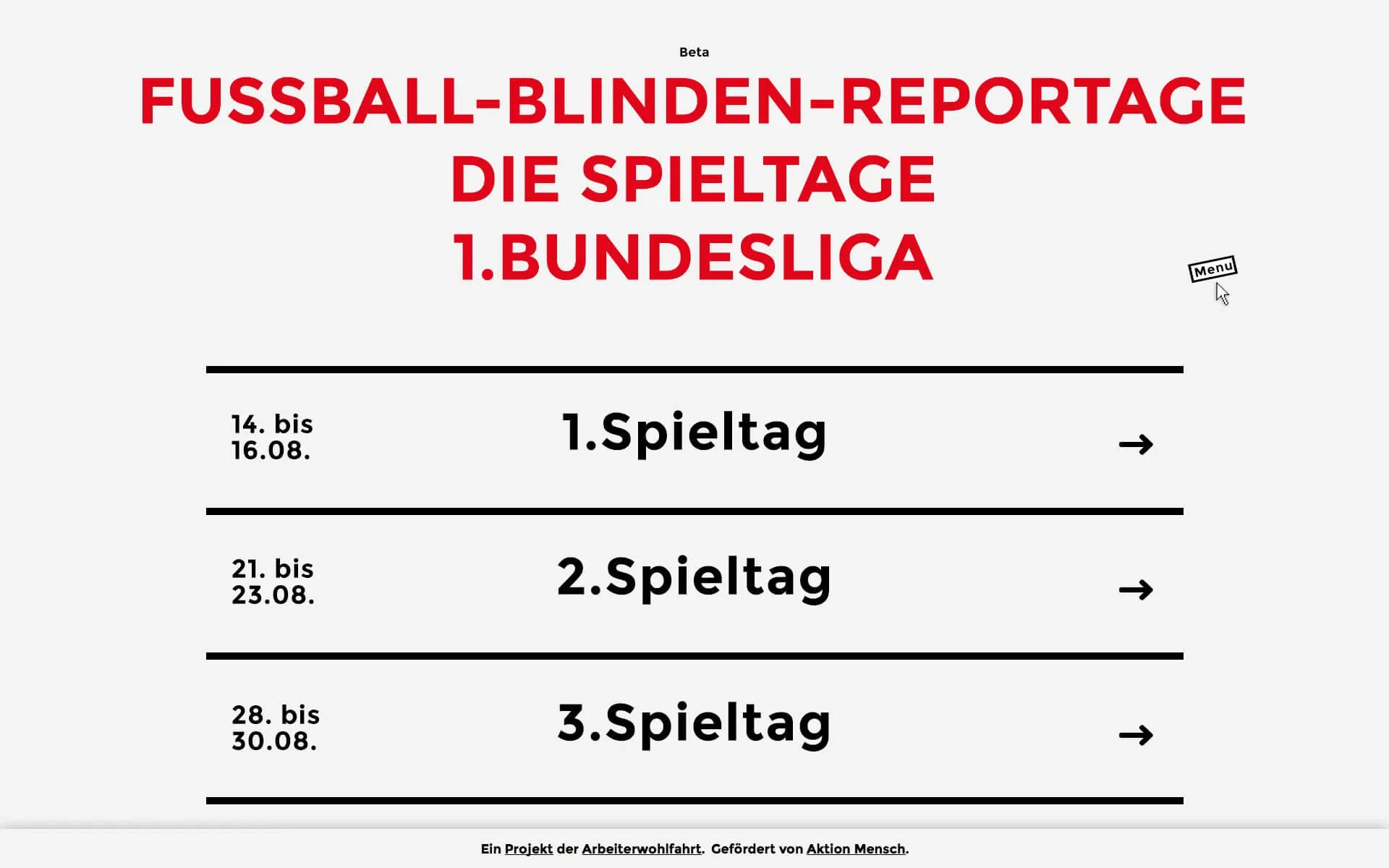 Screenshot of the matchday overview of Fußball-Blinden-Reportage. The page consists only of text and a few abstract graphics. 