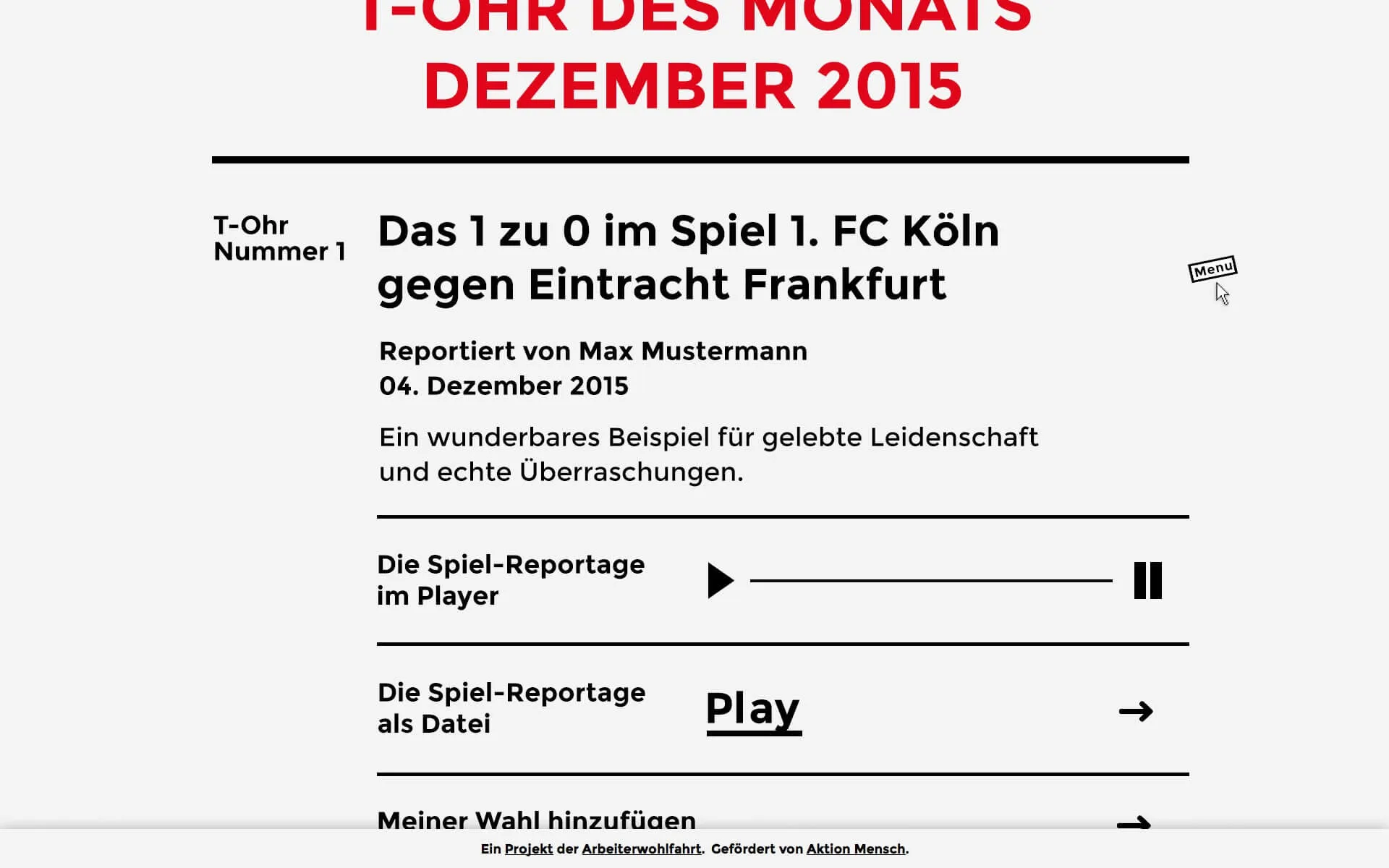 Screenshot of the detailed view of a match from Football Blind Reportage. The page consists only of text and a few abstract graphics. 