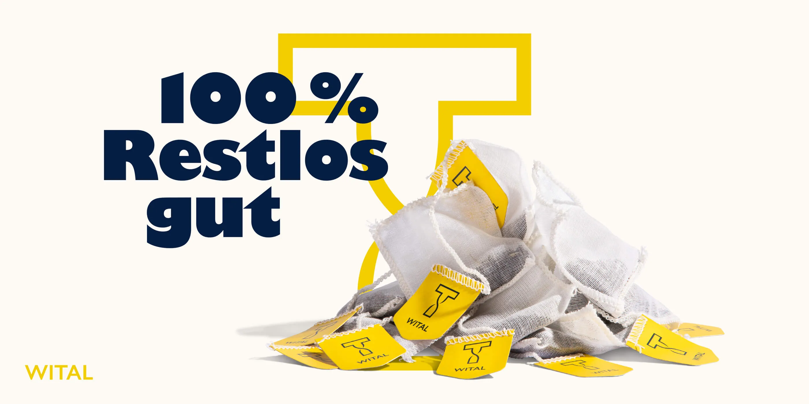 Bild eines Haufen Teebeutel, die ob ihrer Kompostierbarkeit den Text »100% restlos gut« bekommen haben – plus das Wital-Logo