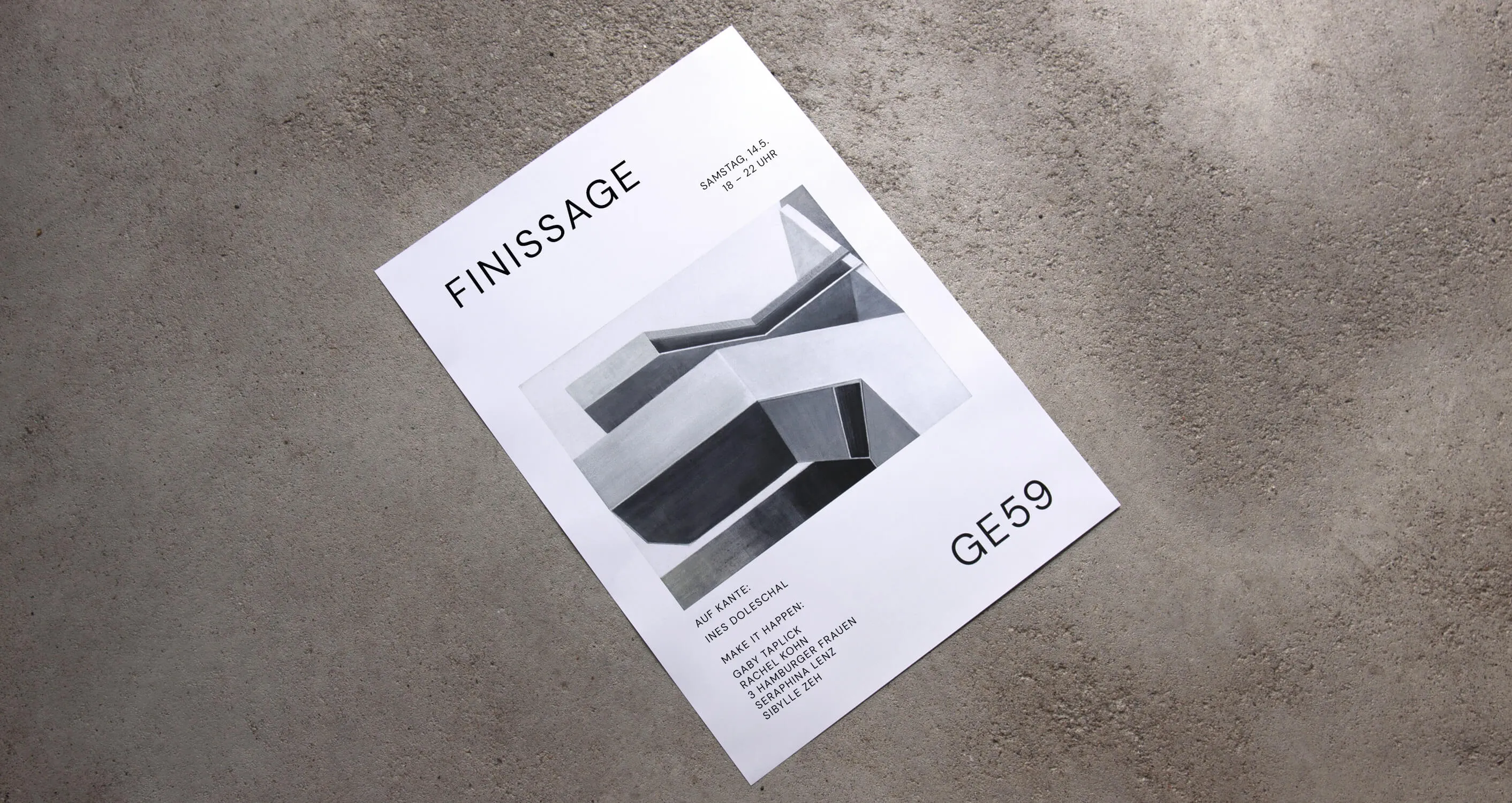 Poster for the finissage of the exhibitions »Auf Kante« and »Make it happen« at Galerie GE59, 2022.