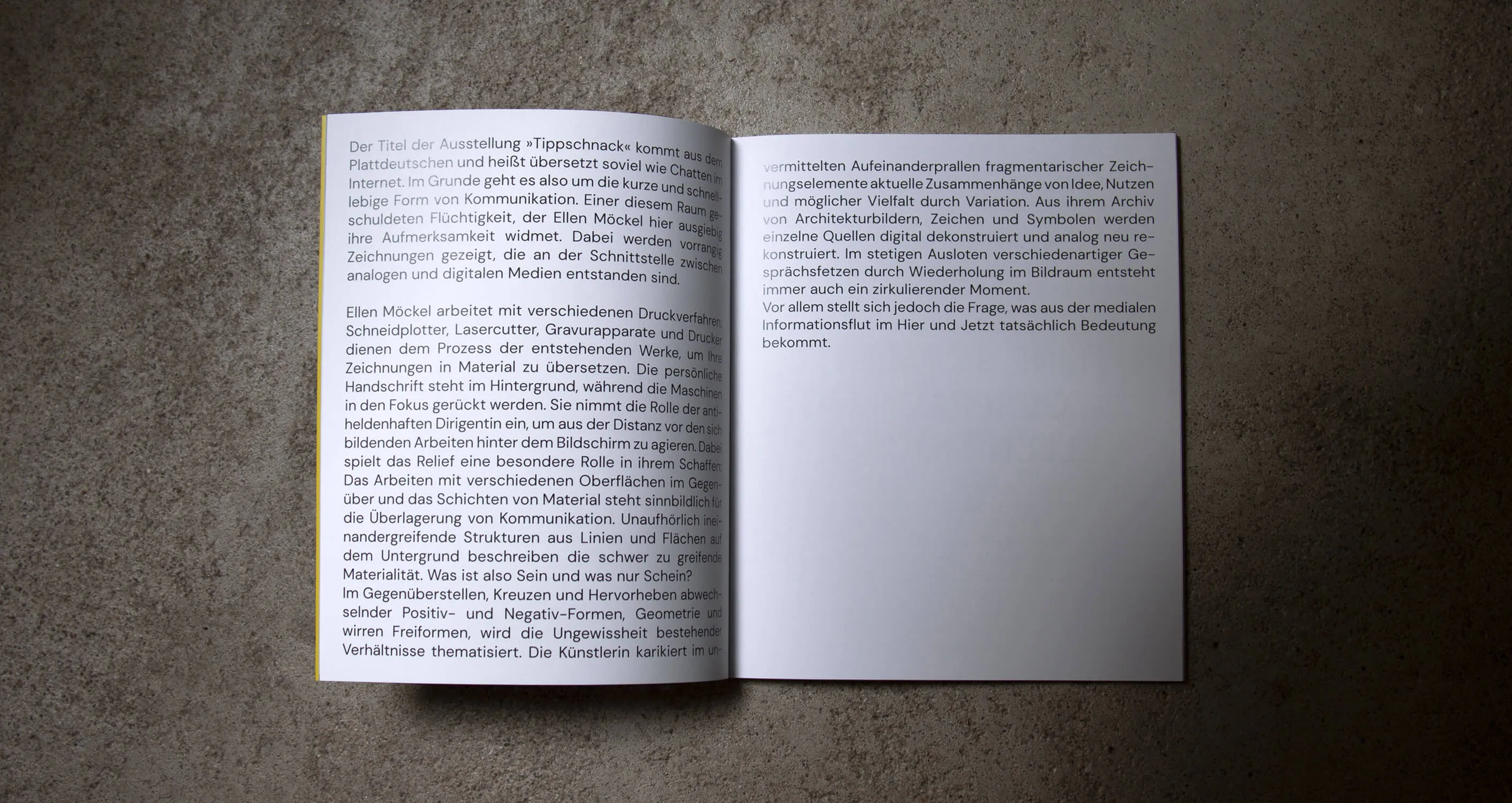 Double page with text from the catalogue of Ellen Möckel's exhibition at Galerie GE59, 2021