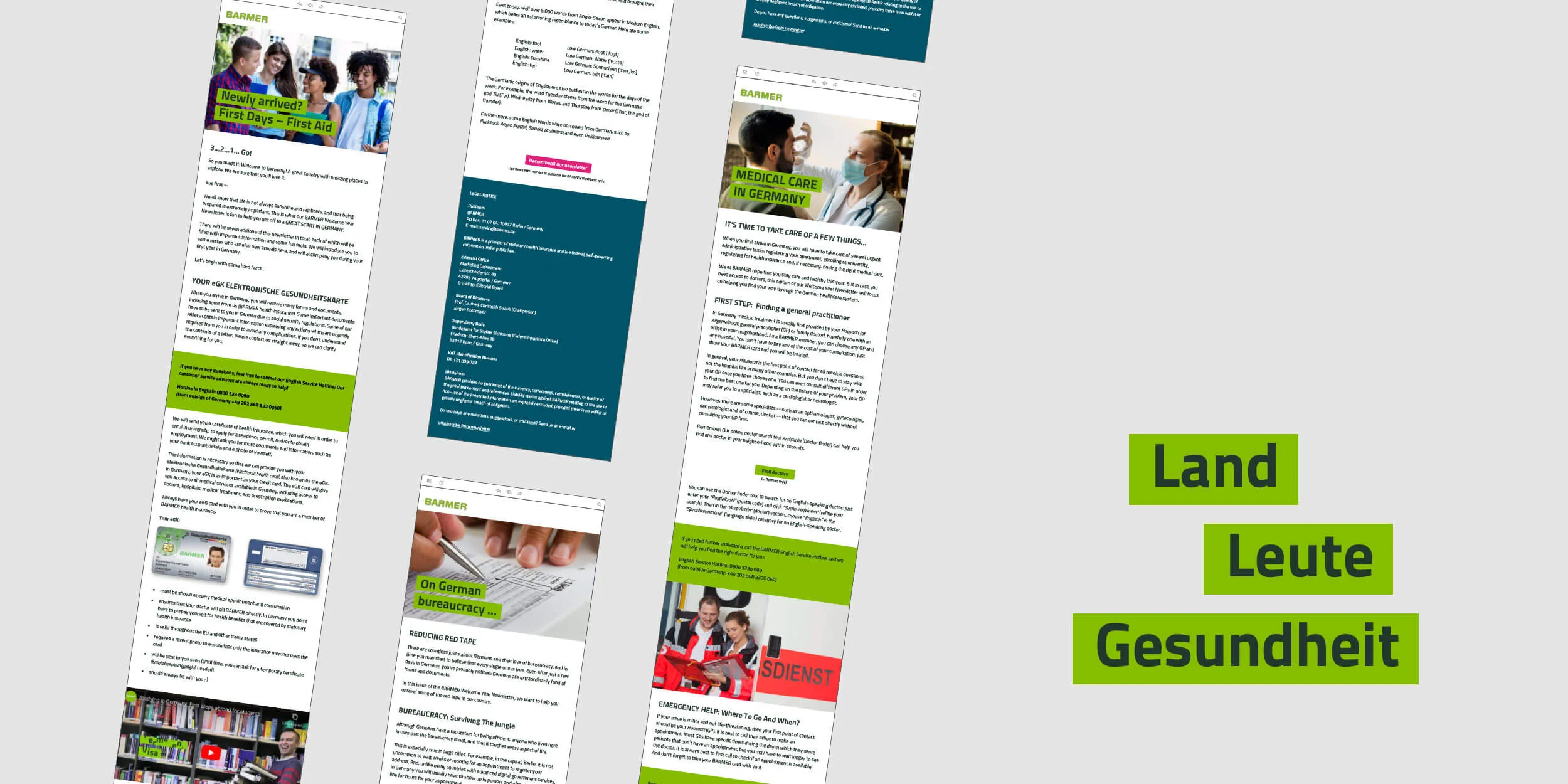 Eine Collage aus Screenshots von Emails und den Begriffen Land, Leute, Gesundheit