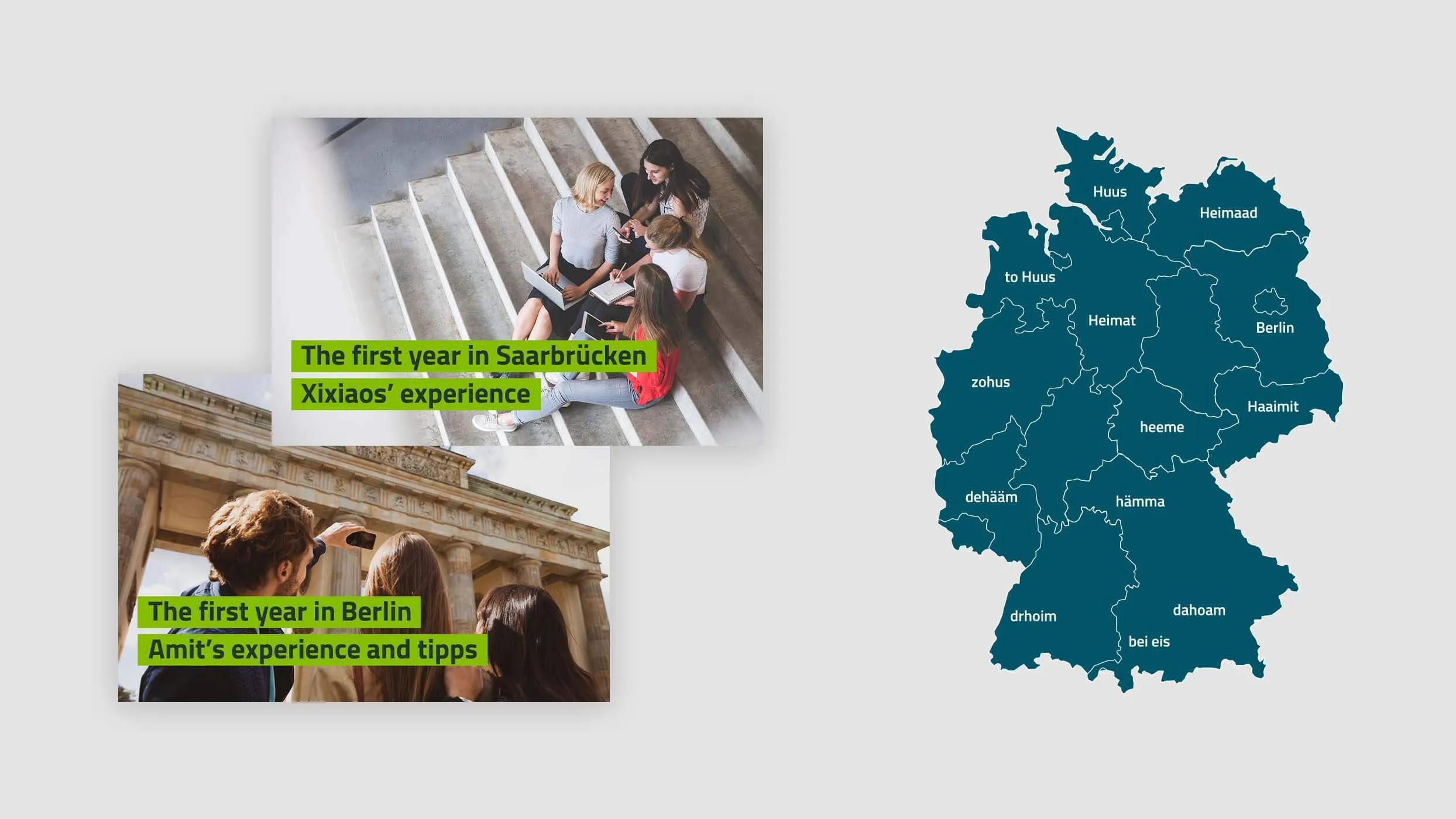 Zwei Bilder und eine Karte von Deutschland unterteilt in Bundesländer, jeweils versehen mit einem Begriff im Dialekt für das Wort Heimat