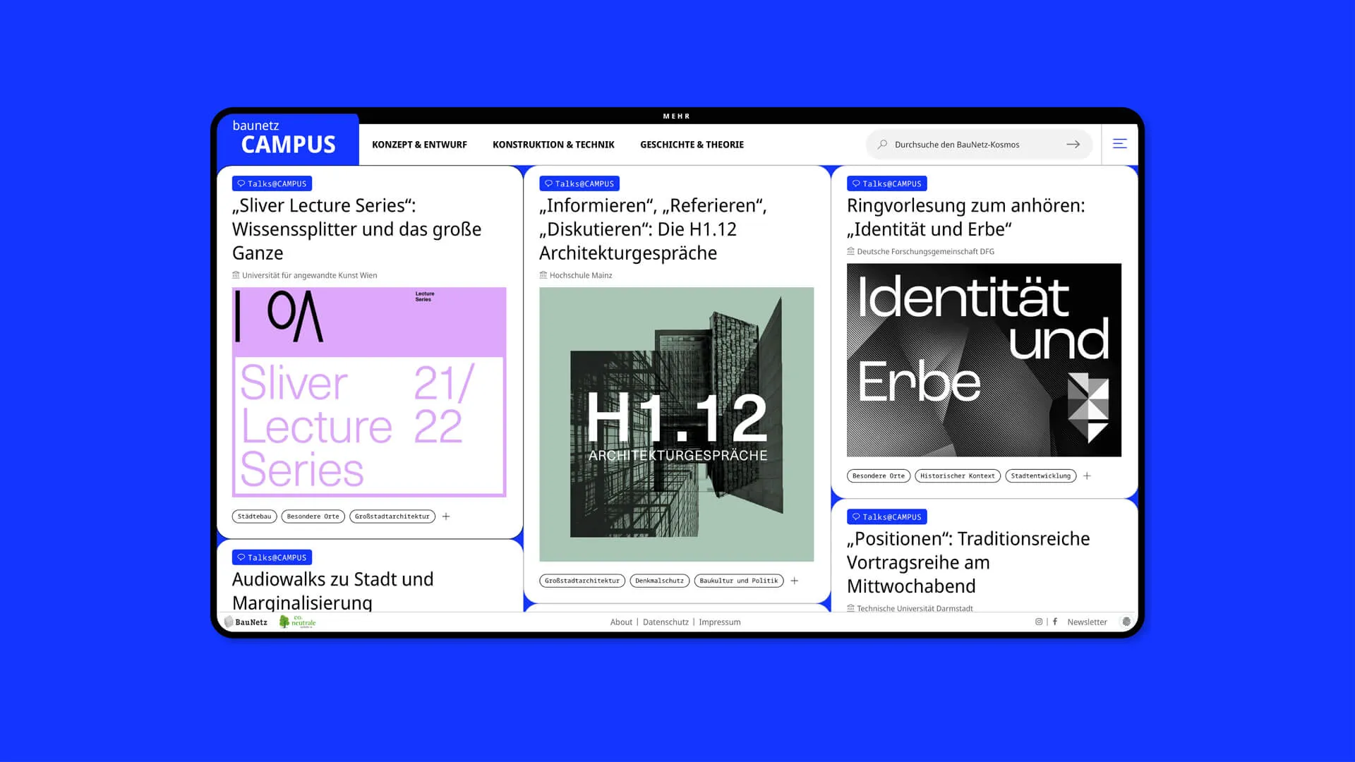 Screenshot der Startseite von baunetz CAMPUS auf blauem Hintergrund