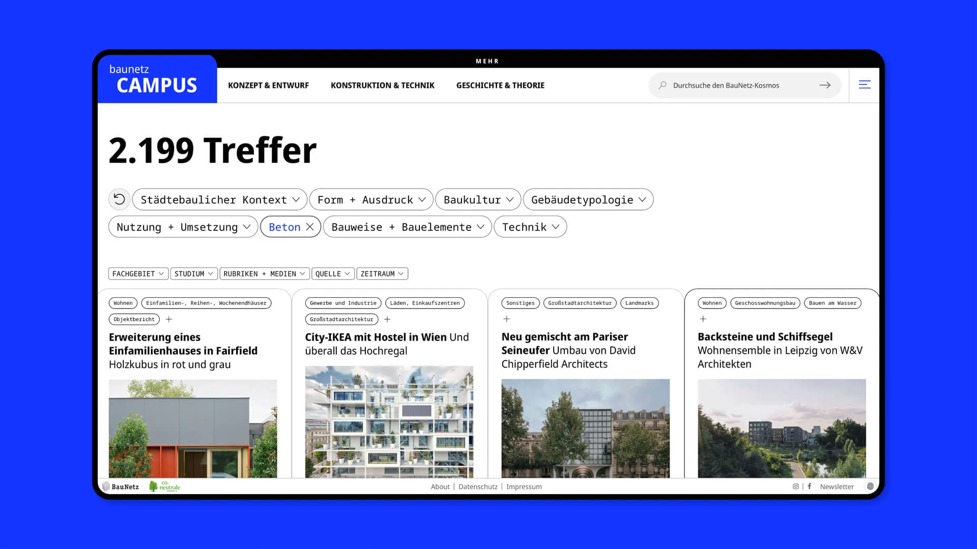 Screenshot der Suche von baunetz CAMPUS auf blauem Hintergrund