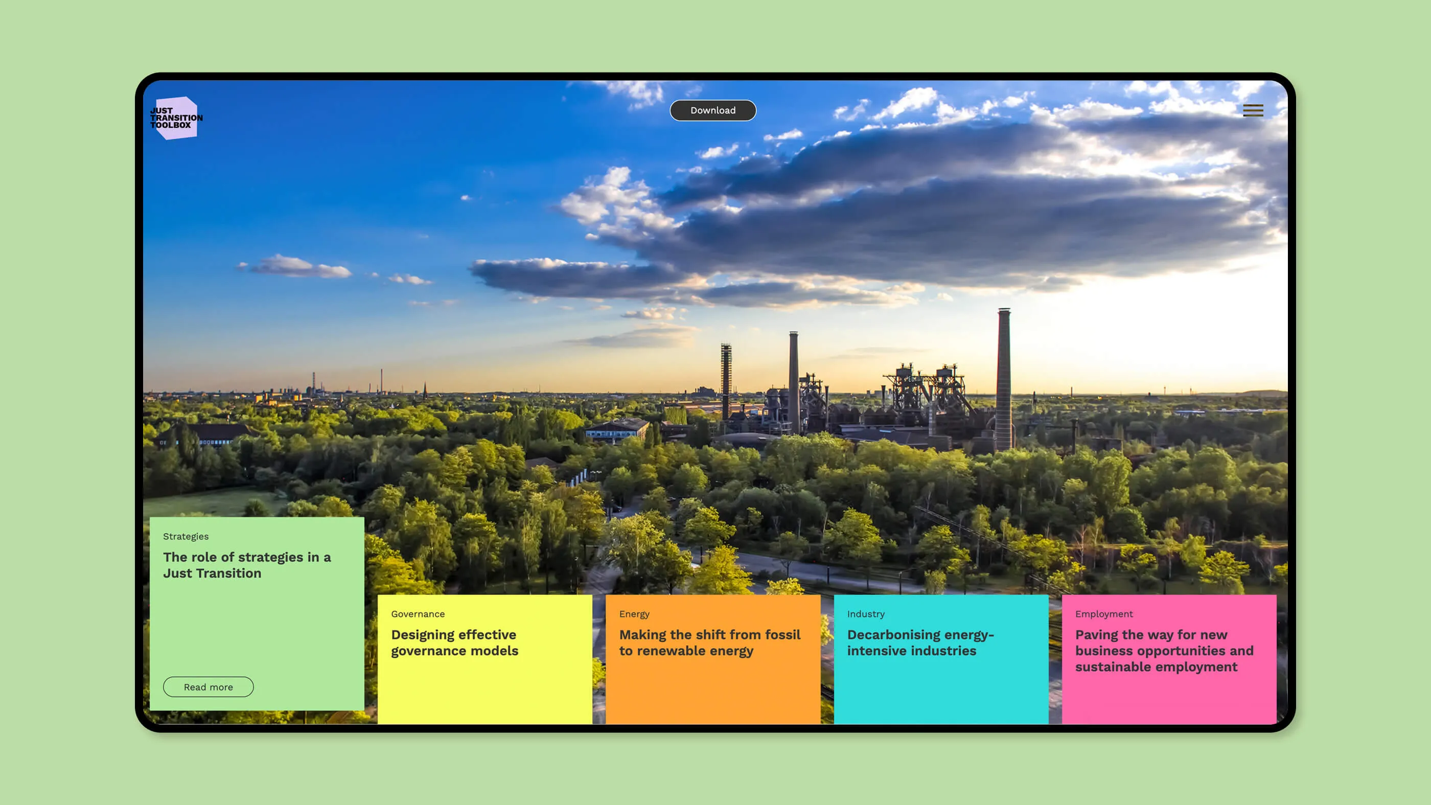 Screenshot from the home page coaltransitions-toolbox.org - colorful image of a coal-fired power plant in a green landscape with many trees