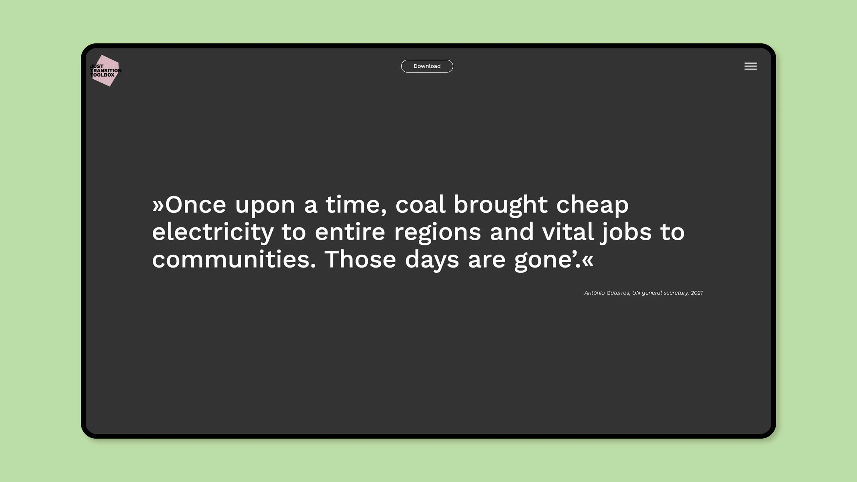 Screenshot from home page coaltransitions-toolbox.org - white font on black background