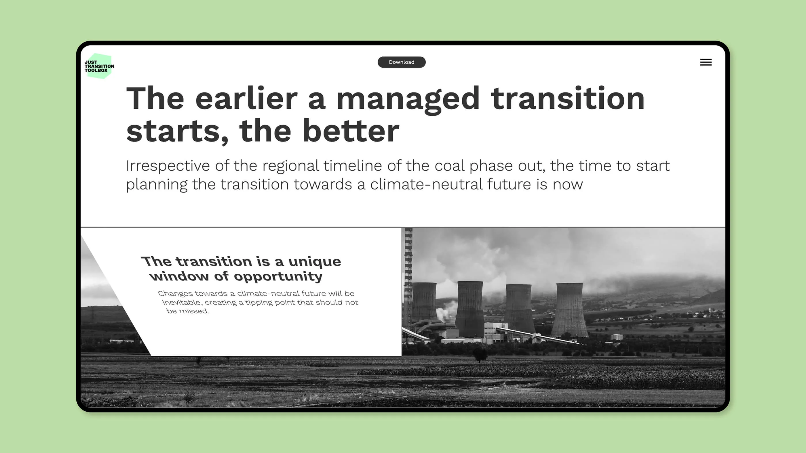 Screenshot from the start page coaltransitions-toolbox.org - black text on white areas, in the background picture of a coal-fired power plant