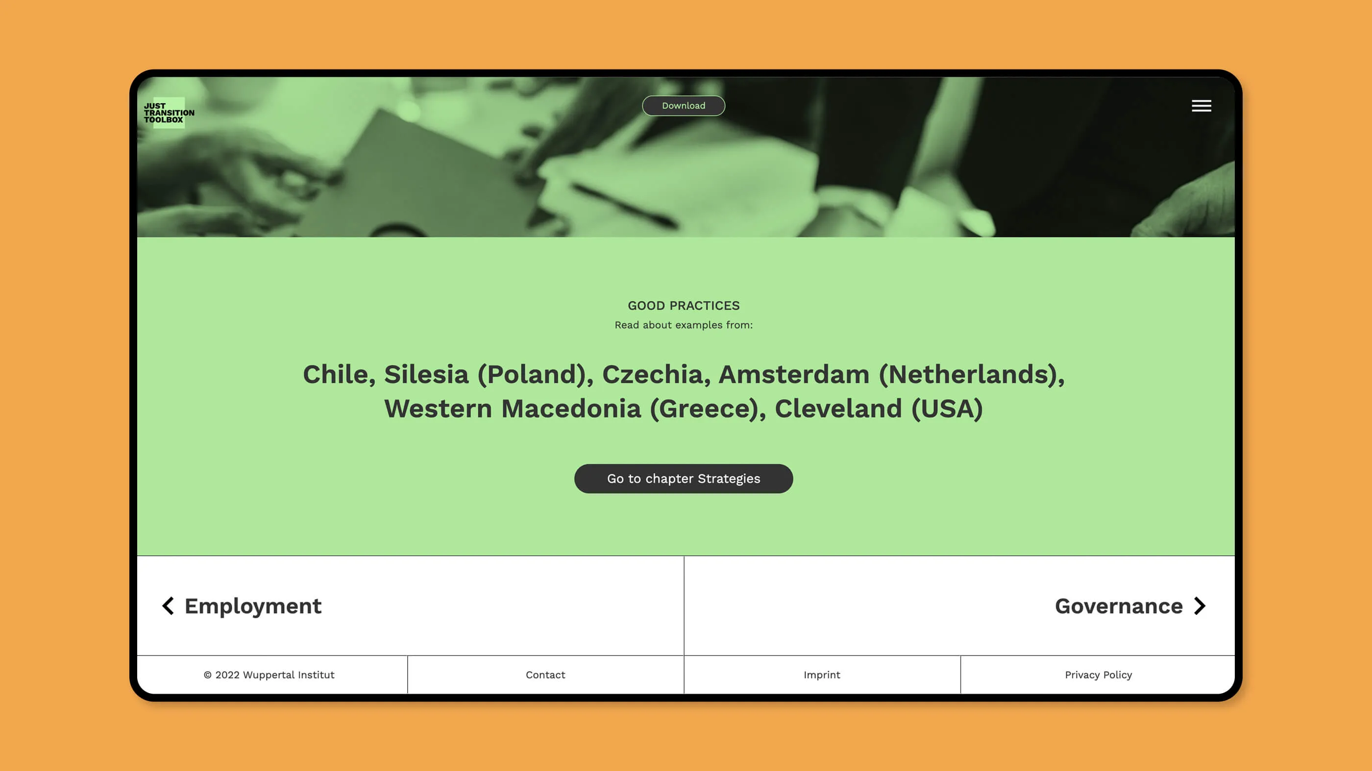 Screenshot from the Strategies detail page - black font on light green background 