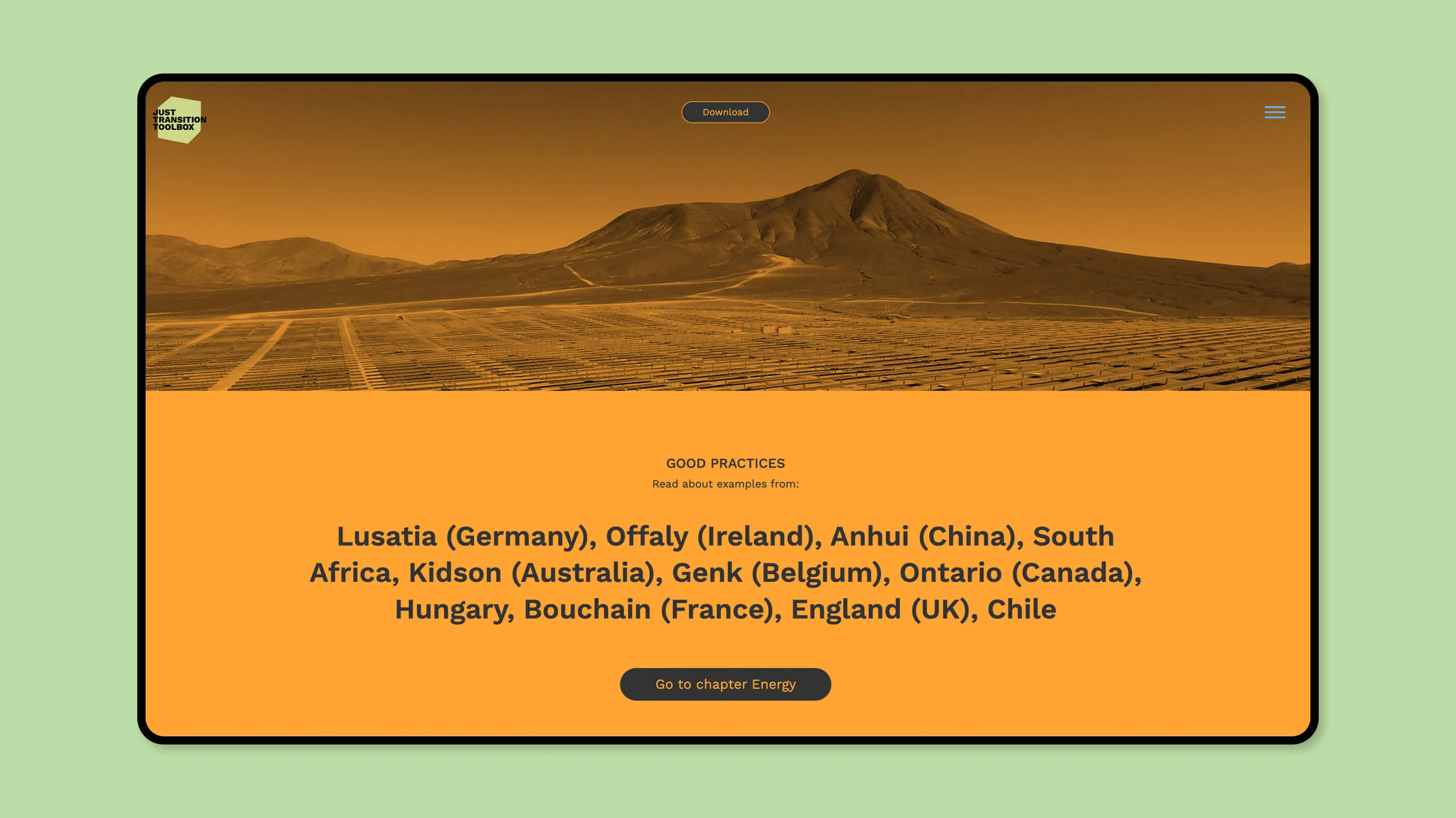 Screenshot from Energy detail page - Black font on orange background with picture of a solar plant in a desert