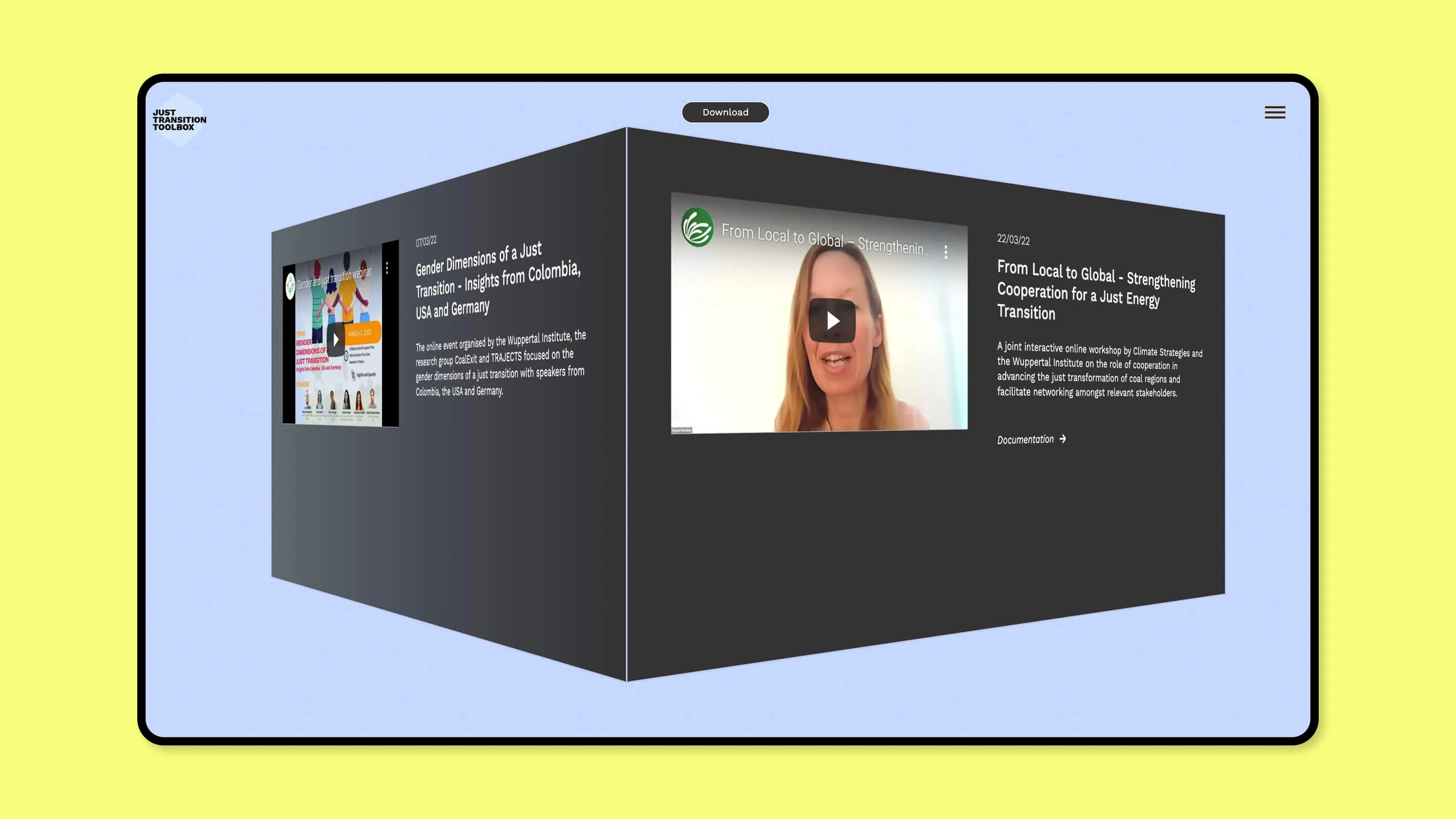 Screenshot from Workshops detail page - big 3 dimensional cube with different videos on the cube sides on lilac background