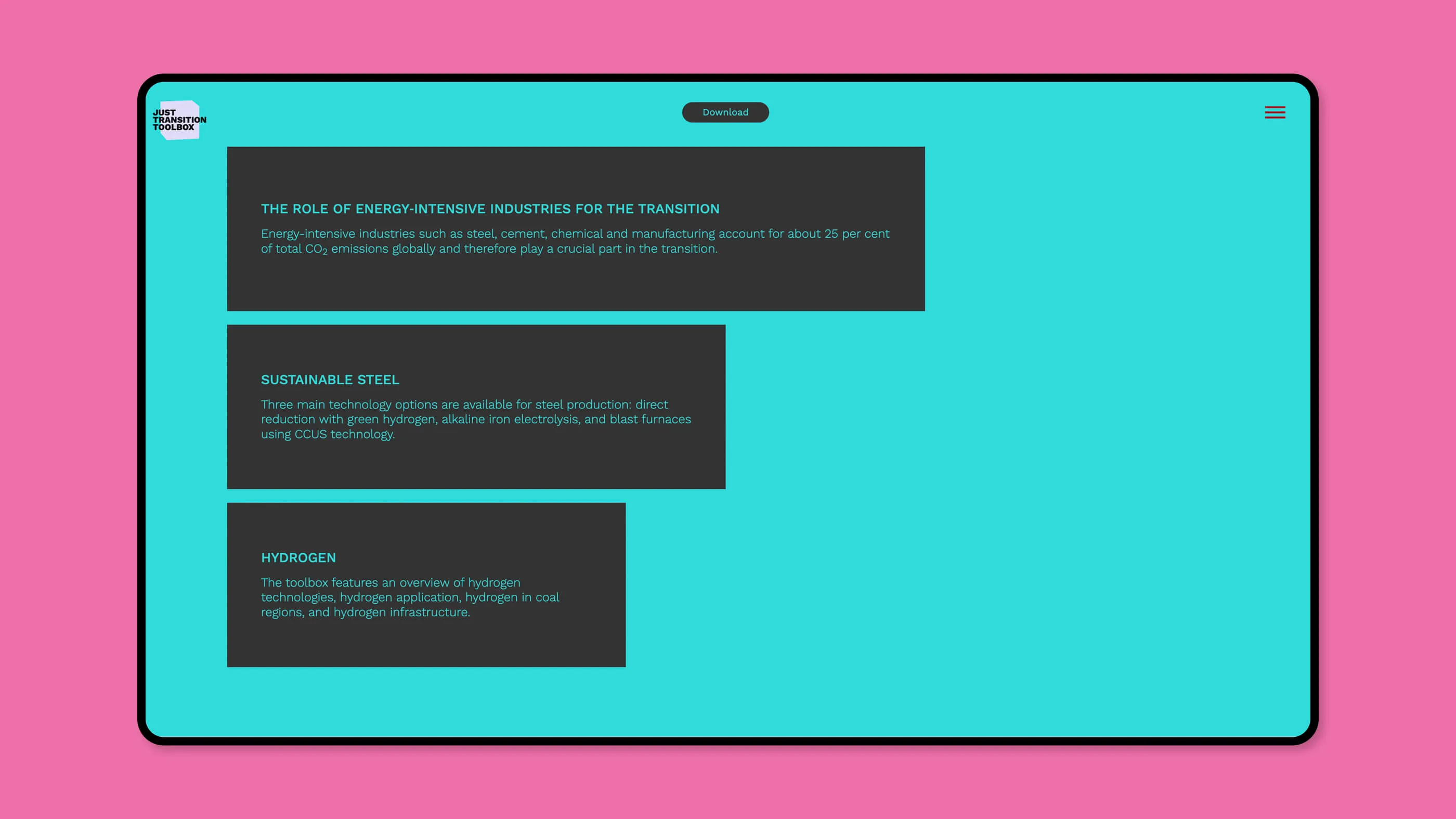 Screenshot from the Industry detail page - three black bars with light blue font on light blue background.