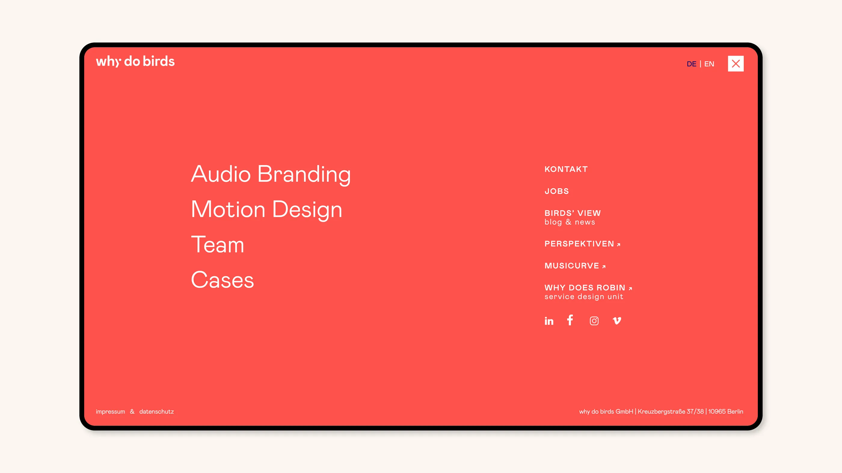 Der Footer auf der Website der Agentur »why do birds«