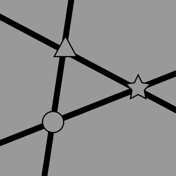Drei schwarze Linien auf grauem Hintergrund kreuzen sich und ergeben in der Mitte ein Dreieck. An den Schnittpunkten sind die Symbole eines Kreises, Dreiecks und eines Sterns zu sehen.