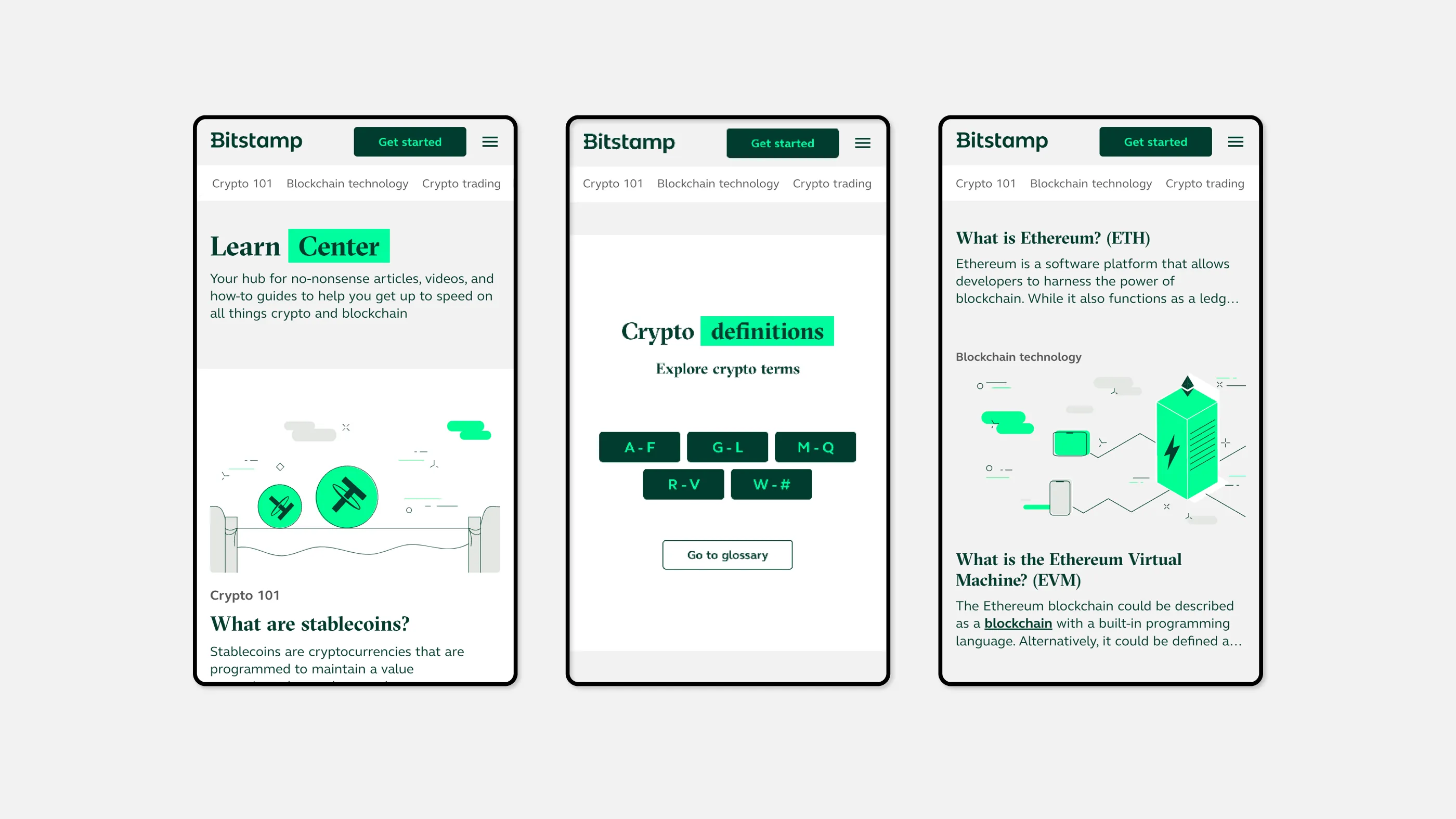 Drei mobile Screens der Website von Bitstamp