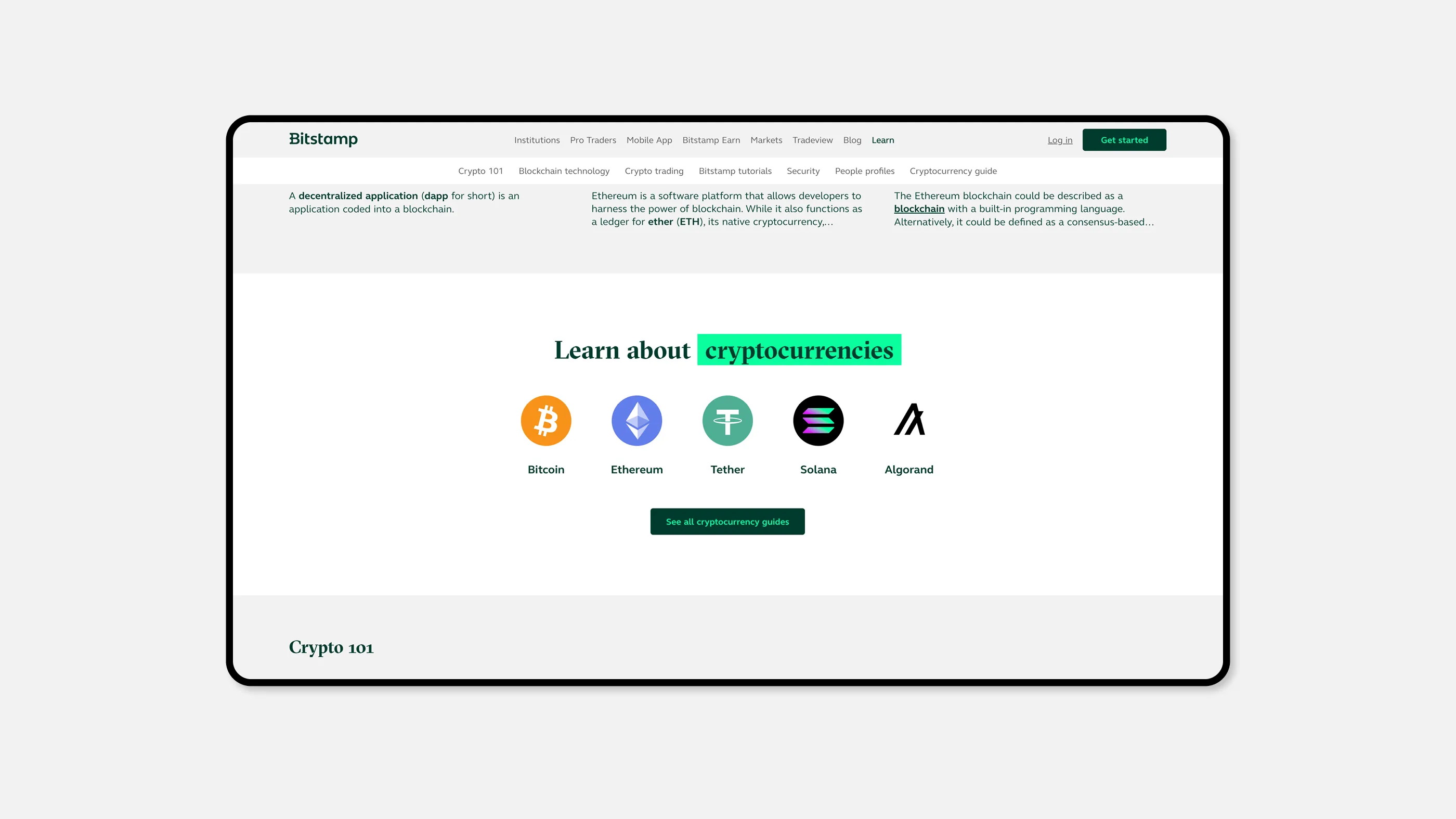 Ein Screenshot des Learn Centers von Bitstamp.