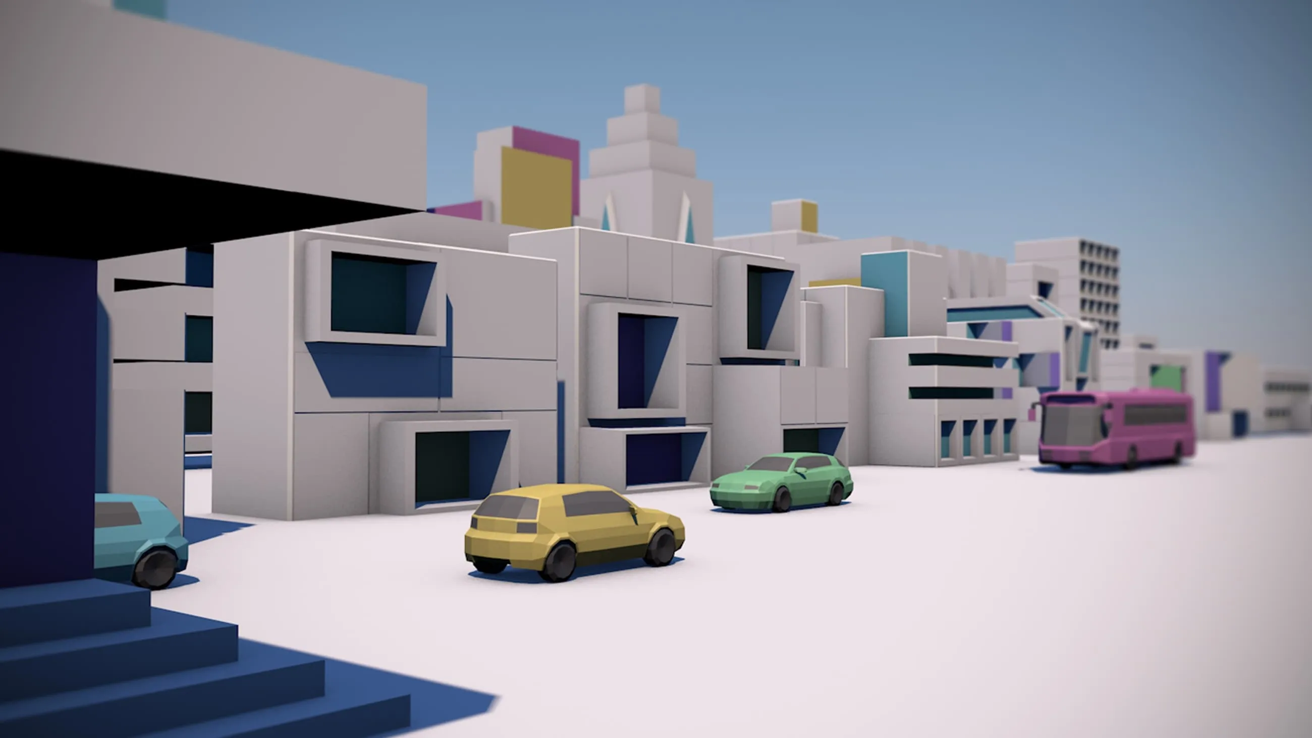 Stilisierte 3D Szene, AUtos stehen vor einem Gebäude
