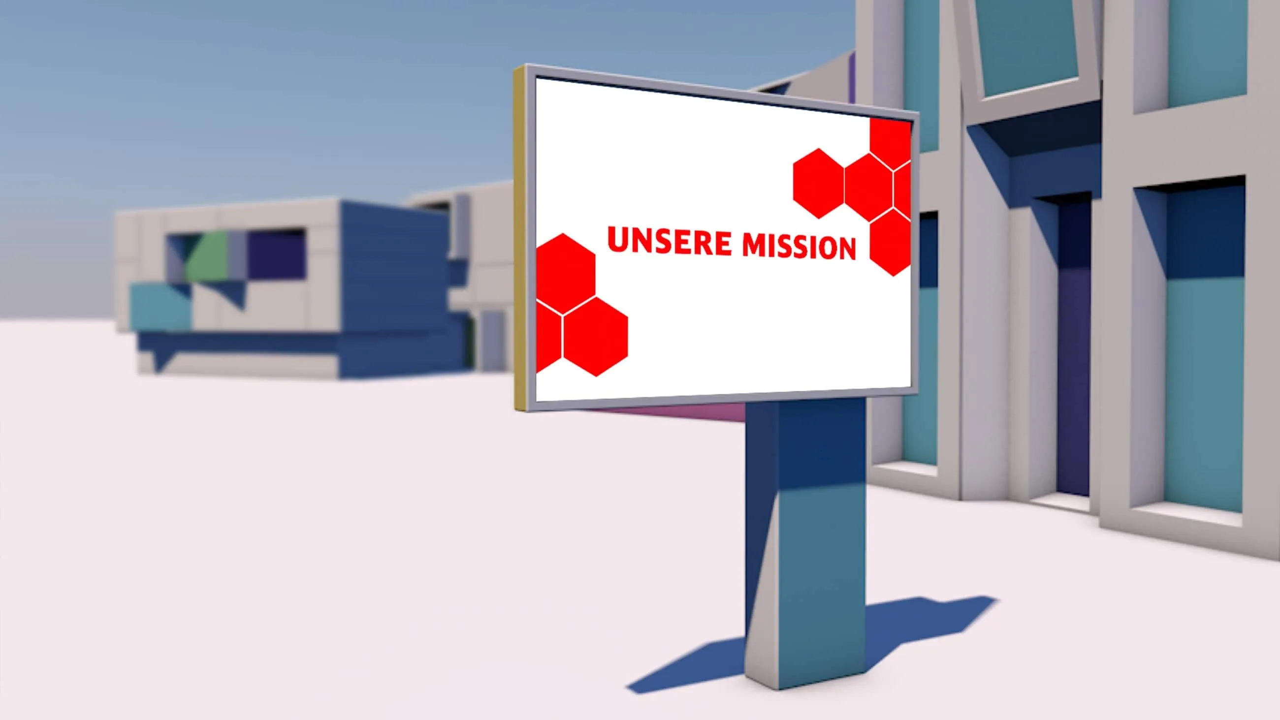 Stilisierte 3D Szene, ein Werbeschild steht an einer Straße