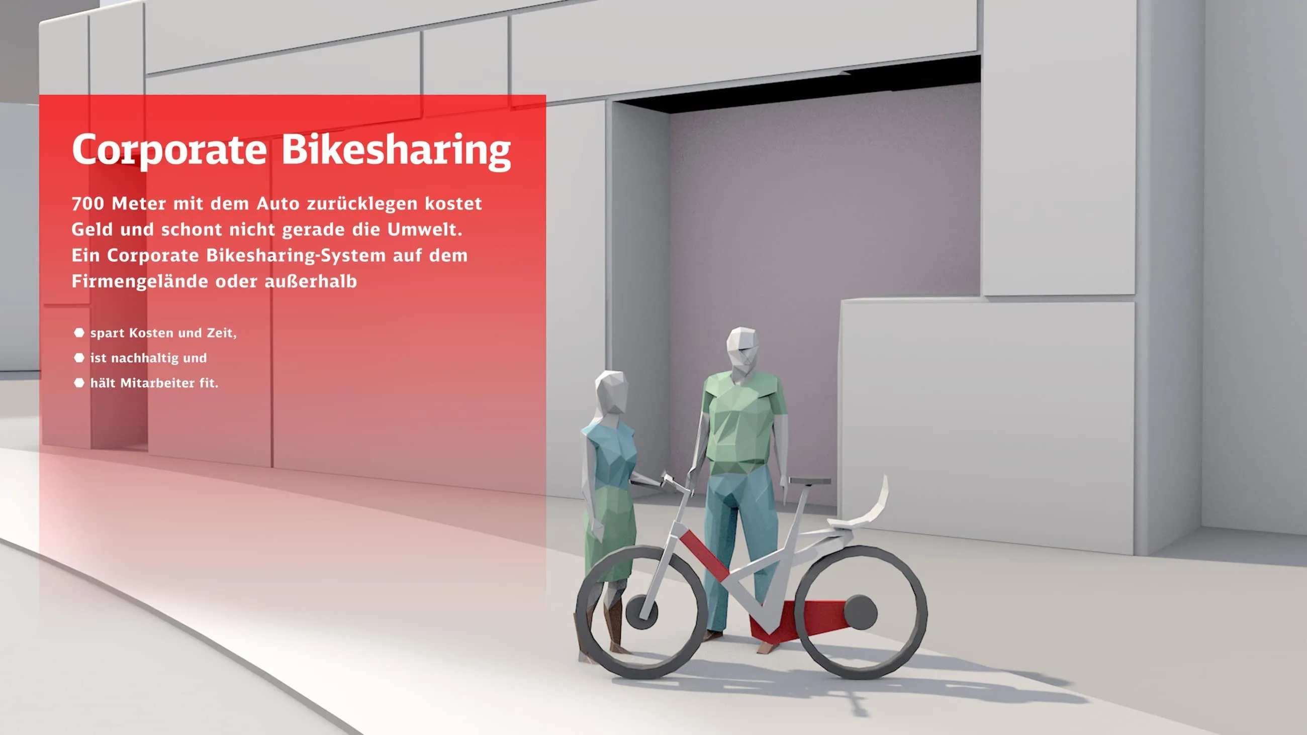 Stilisierte 3D Szene, zwei Figuren stehen vor einem Fahrrad