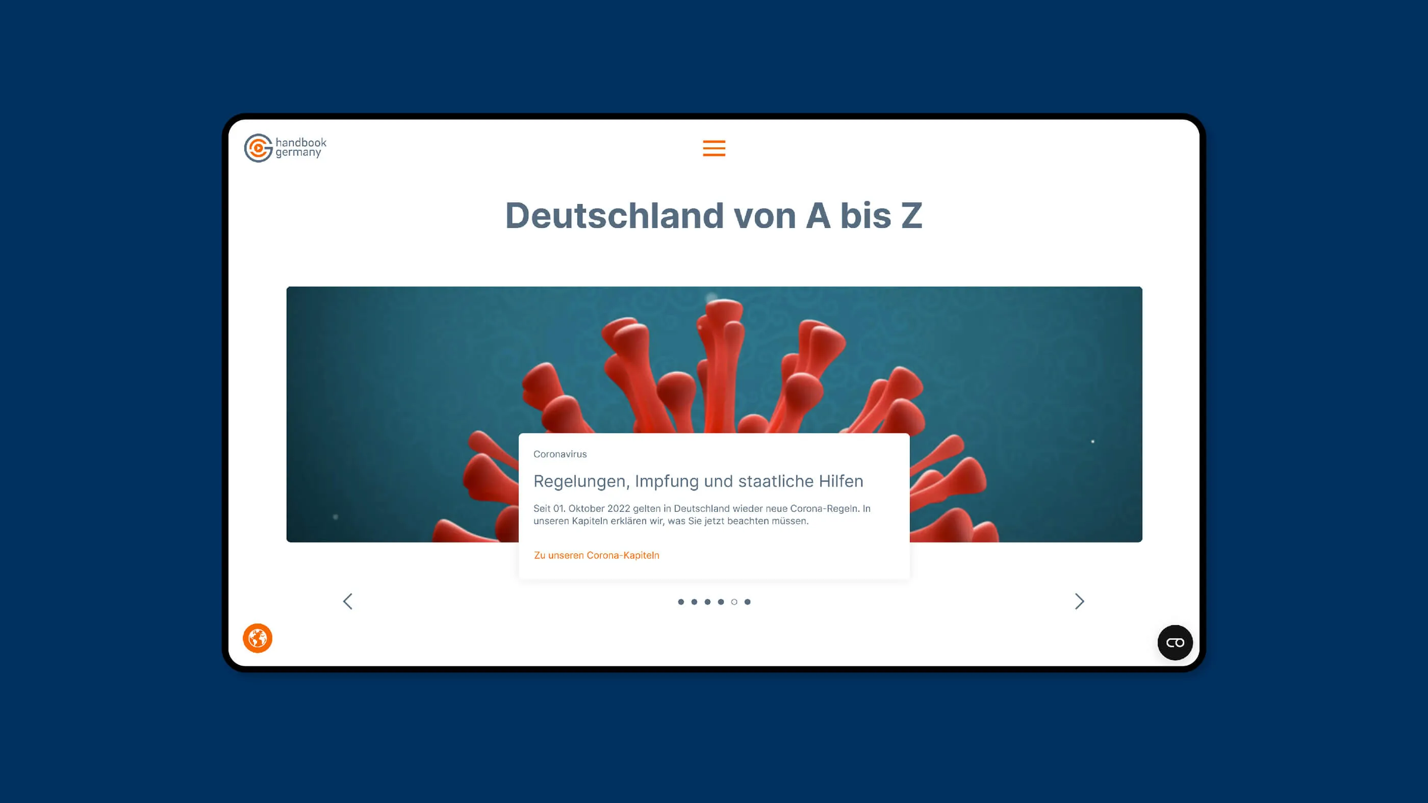 Screenshot von der Startseite handbookgermany.de