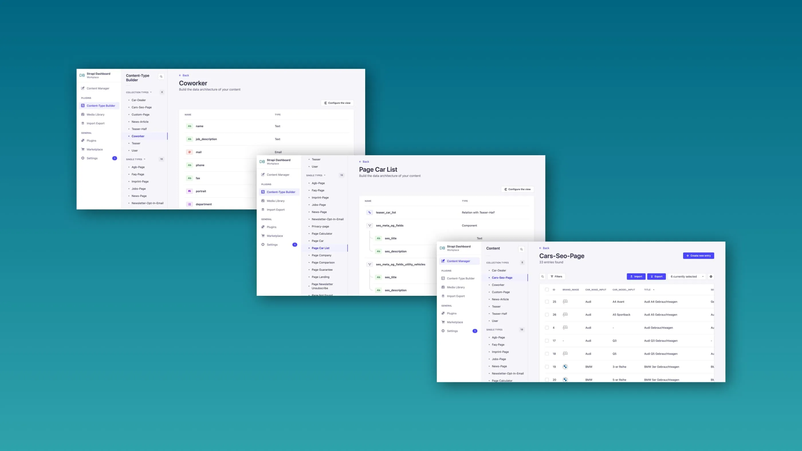 Three screenshots from the backend of the website dbautohaus.de