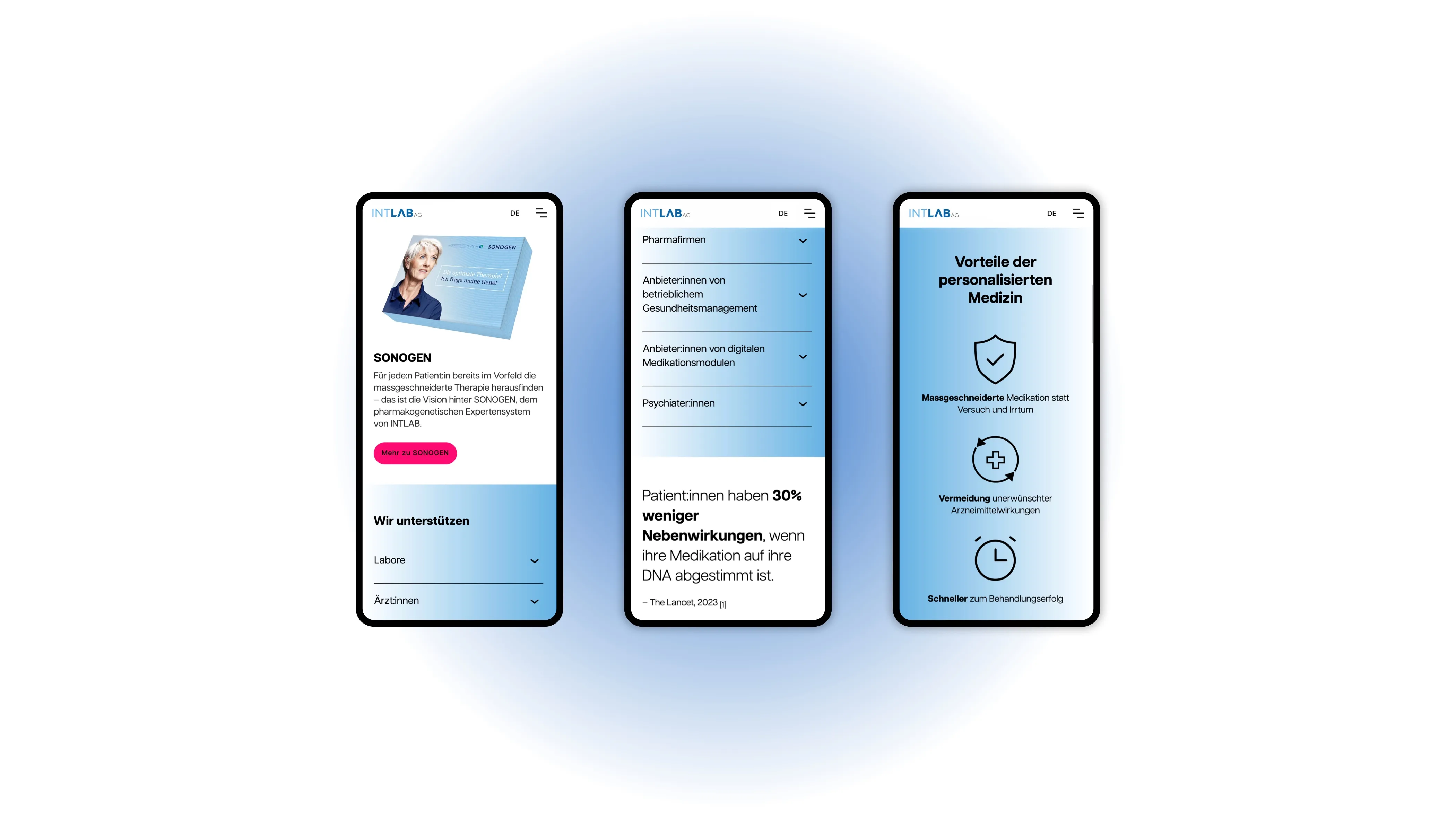 Drei Screenshots der mobilen Ansicht von intlab.online