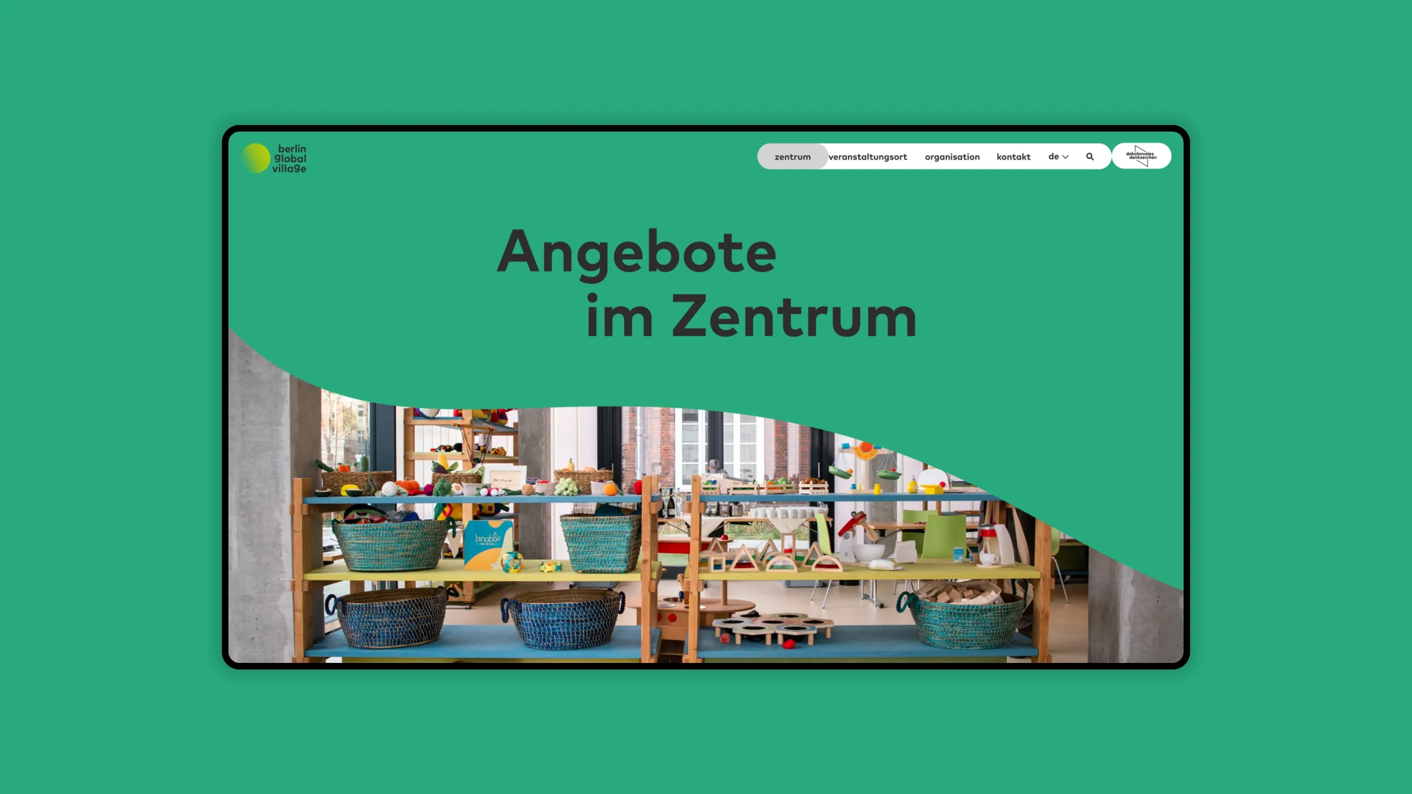 Desktop view of the "Berlin Global Village" website on a green background