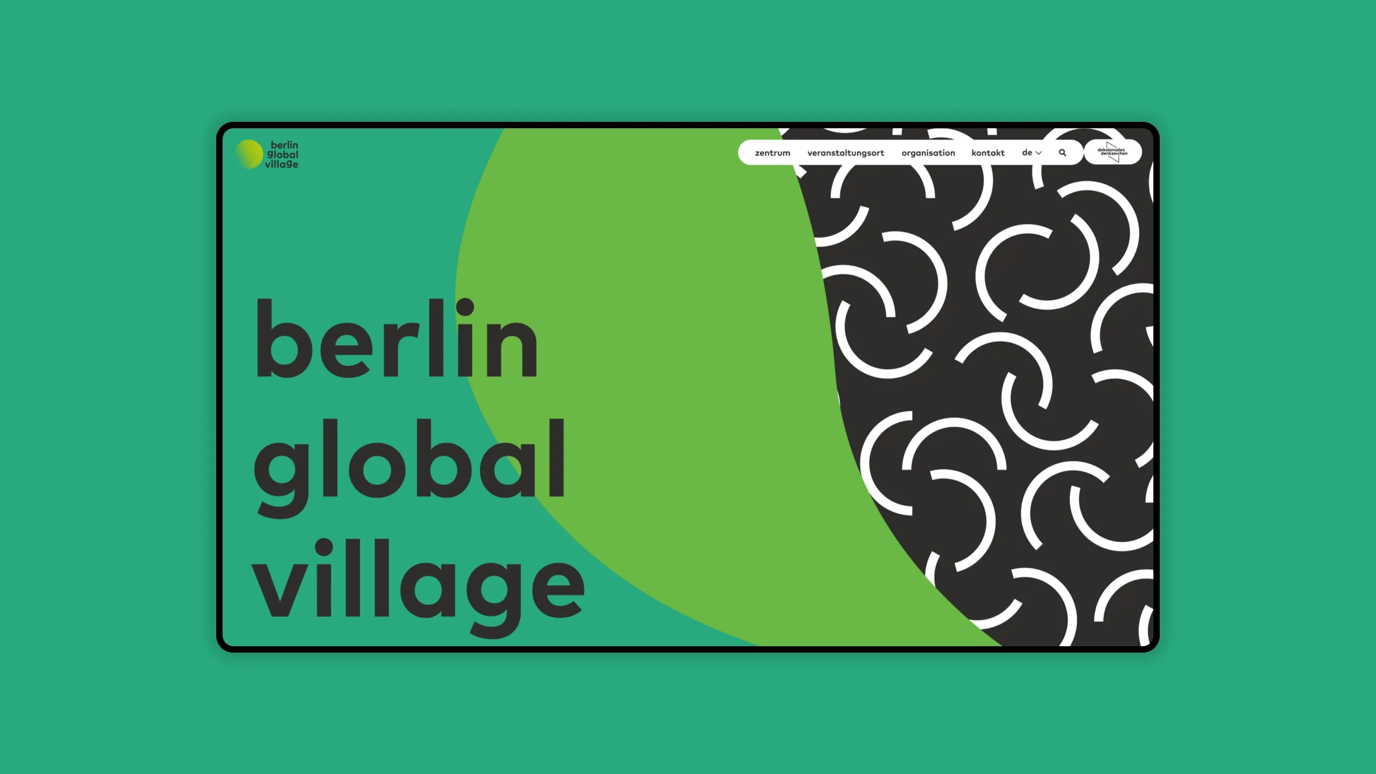 Desktop view of the "Berlin Global Village" website on a green background, start page