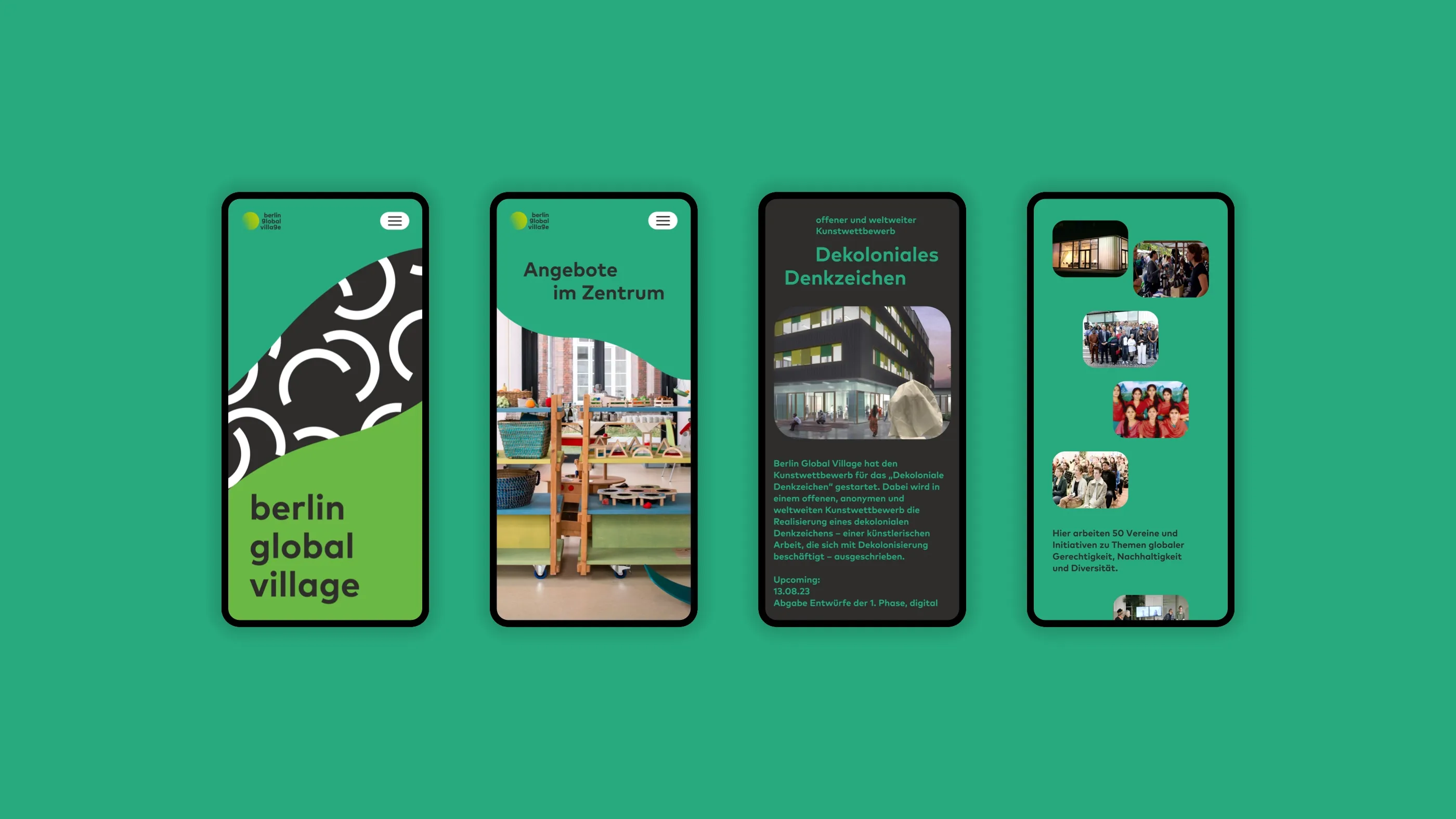 mobile view of the »Berlin Global Village« website on a green background