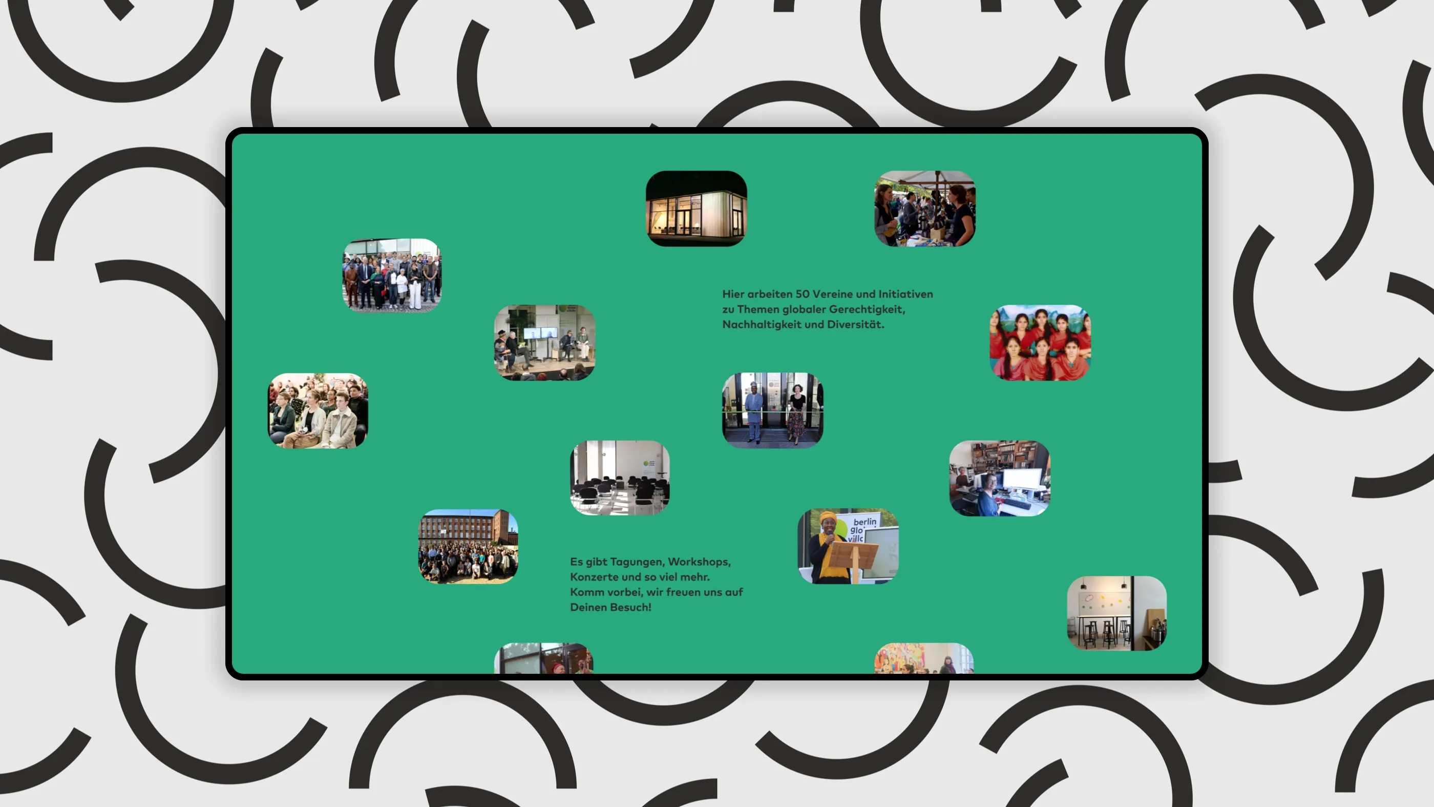 Desktop view of the "Berlin Global Village" website on a gray patterned background