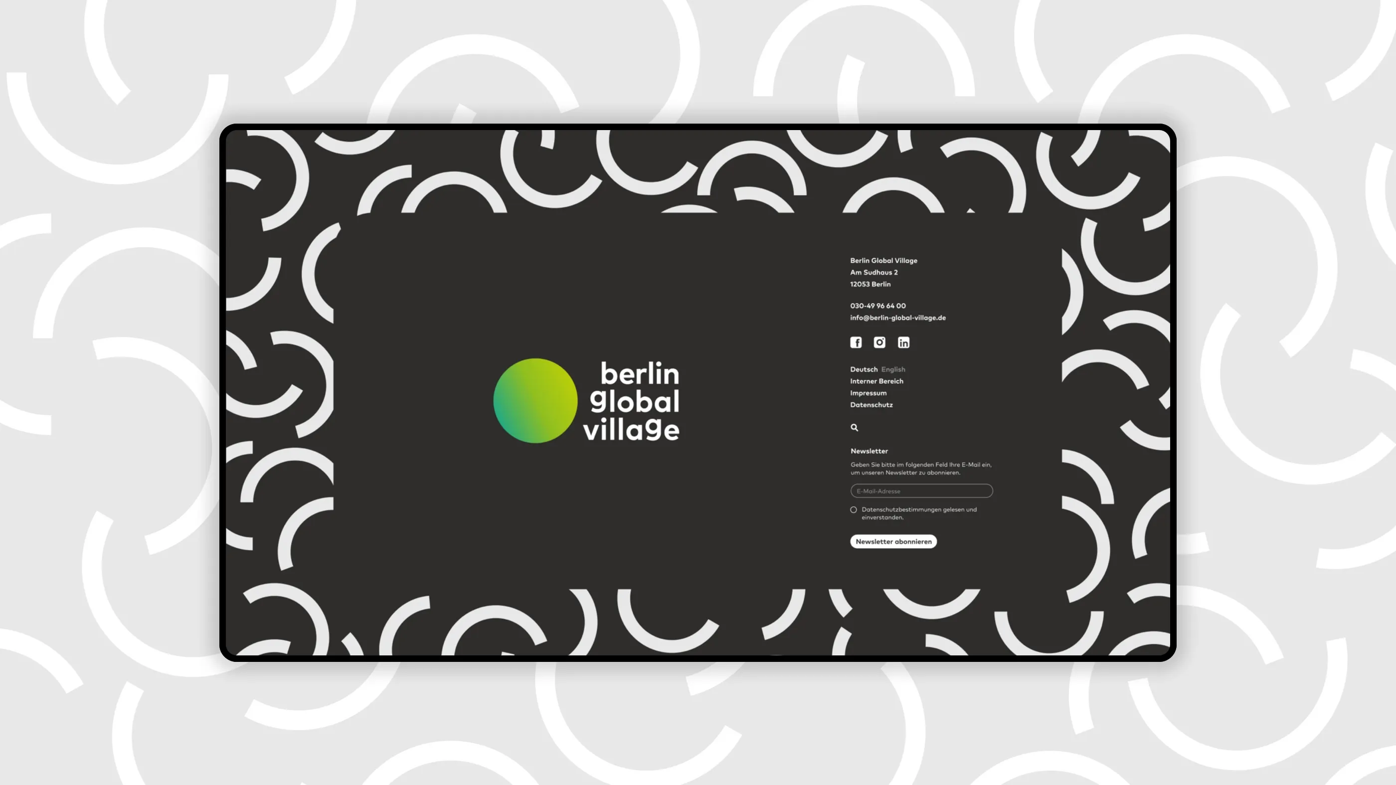 Desktop view of the "Berlin Global Village" website on a gray patterned background, footer